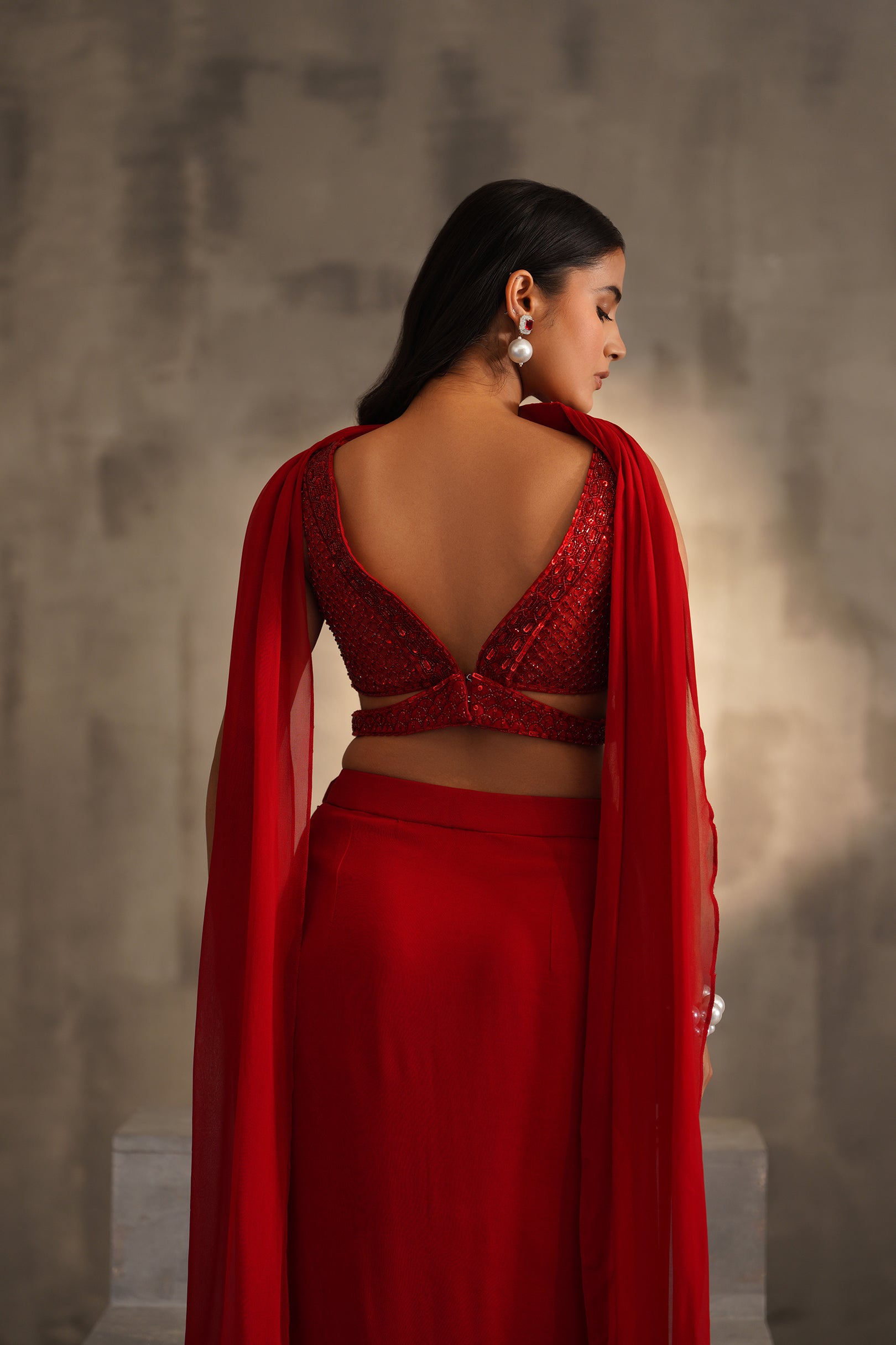 RED EMBROIDERED BLOUSE AND DHOTI SKIRT, CHOKER DUPATTA