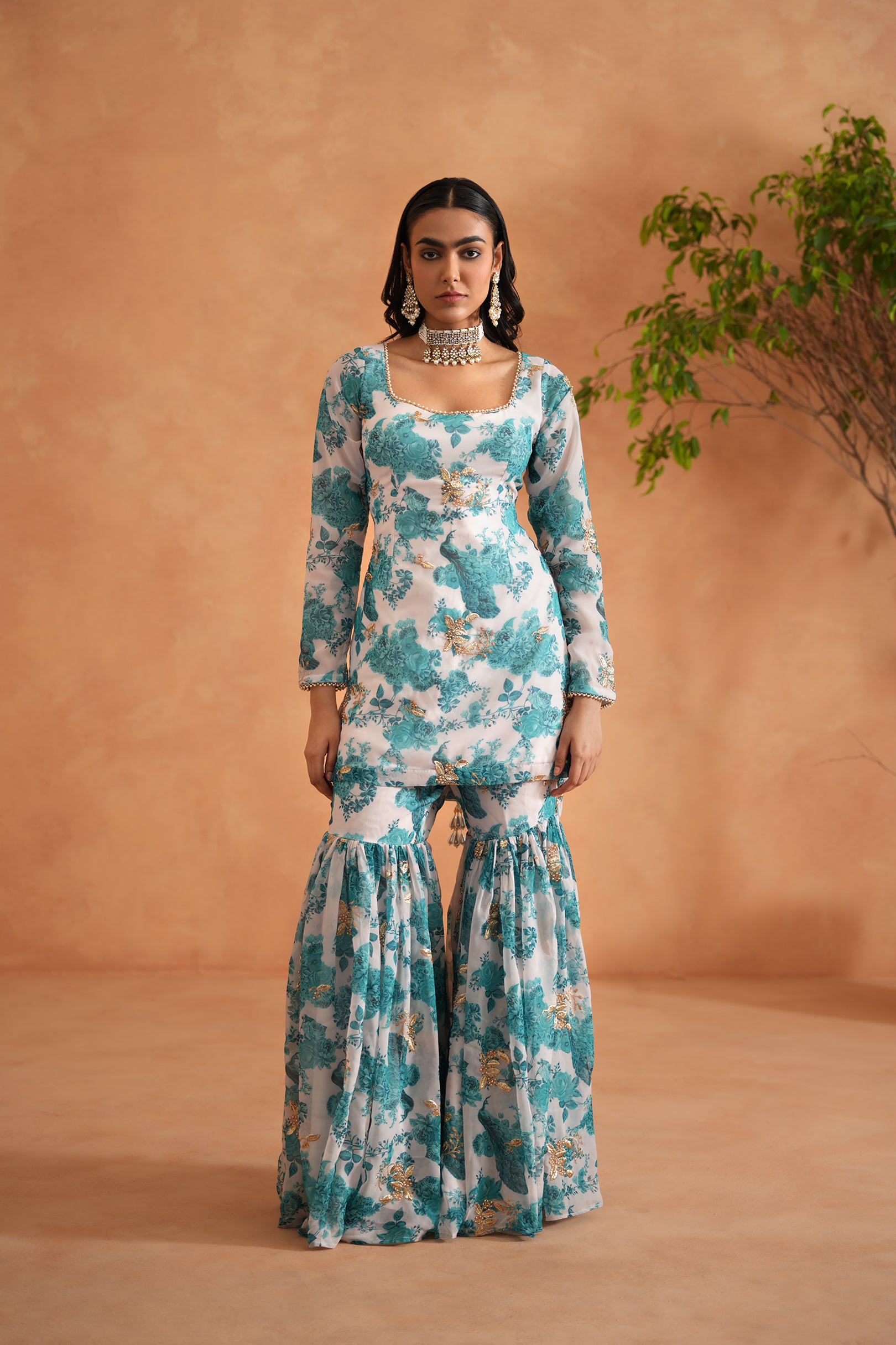 TEAL BLUE AND WHITE PRINTED KURTI, GHARARA DUPATTA