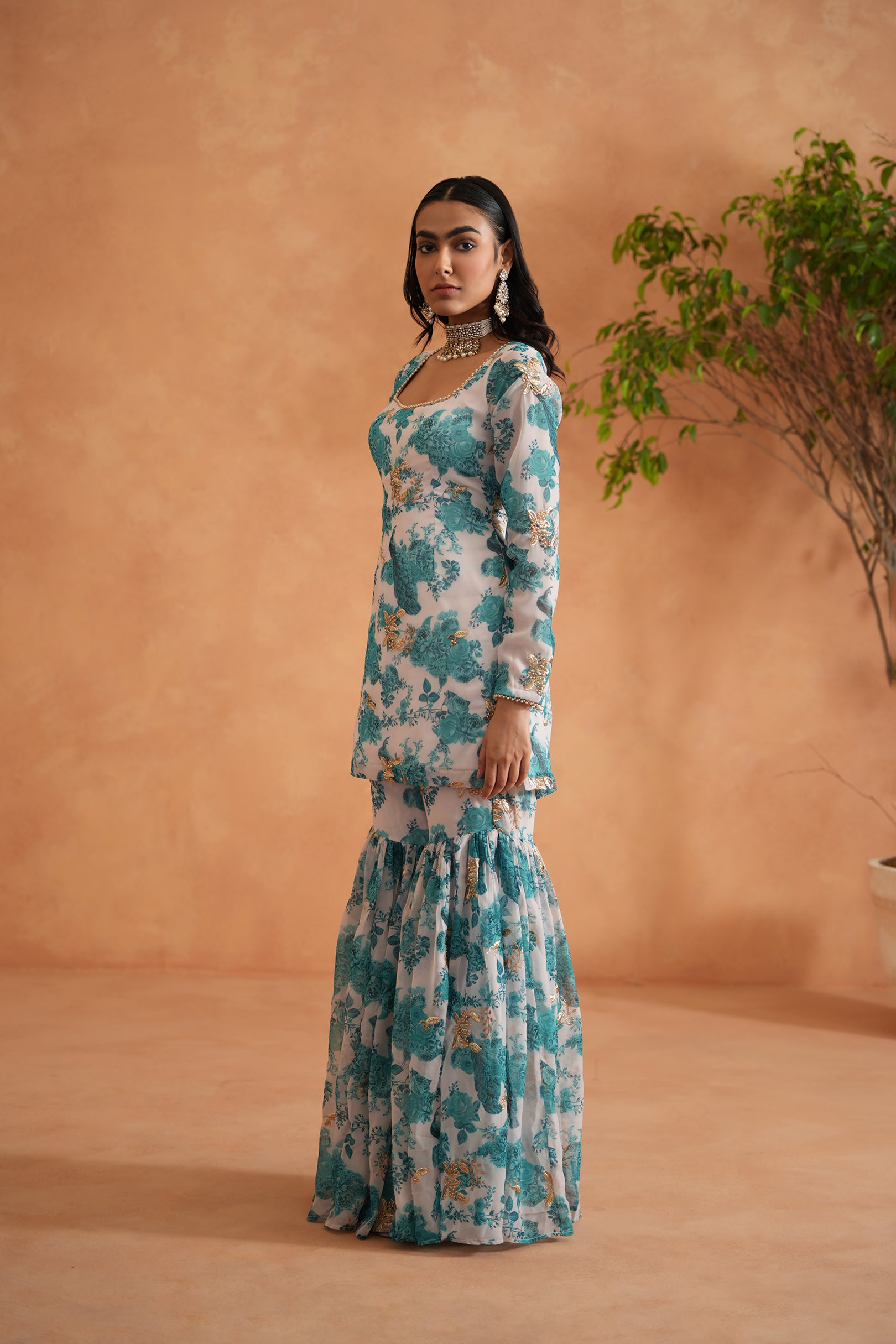 TEAL BLUE AND WHITE PRINTED KURTI, GHARARA DUPATTA