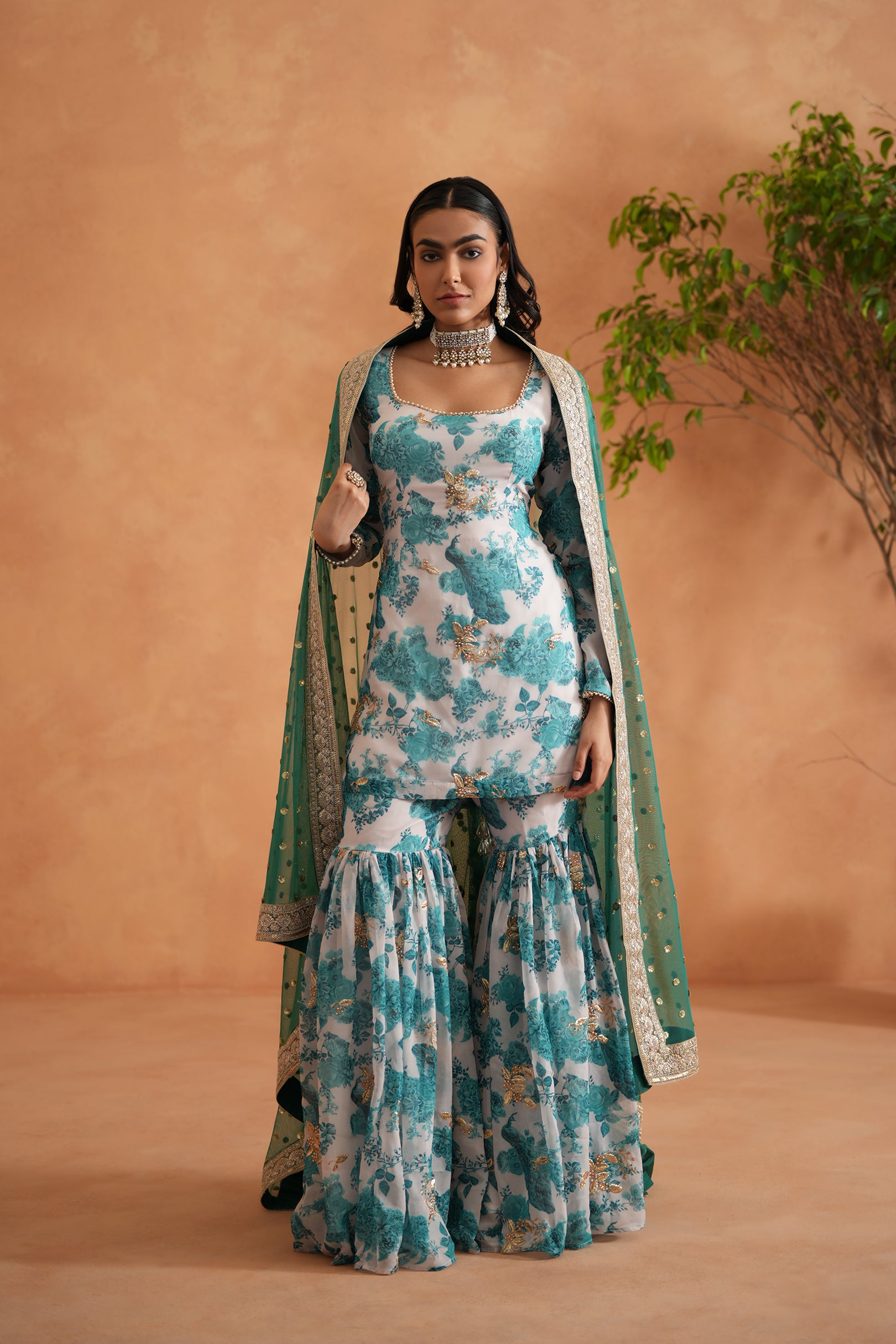 TEAL BLUE AND WHITE PRINTED KURTI, GHARARA DUPATTA