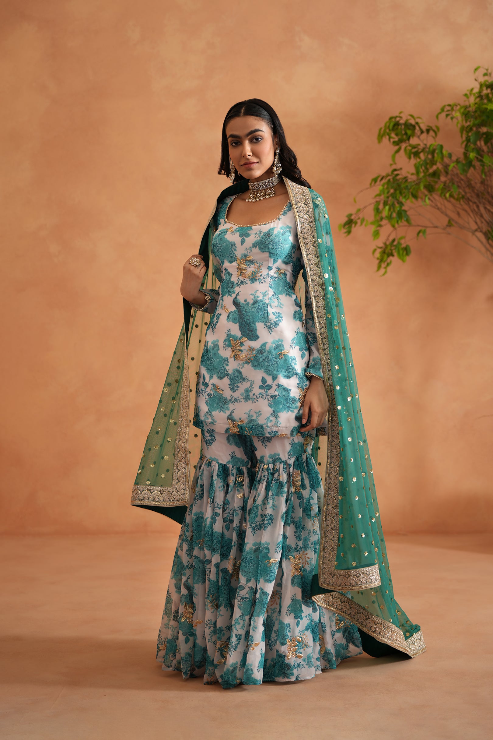TEAL BLUE AND WHITE PRINTED KURTI, GHARARA DUPATTA