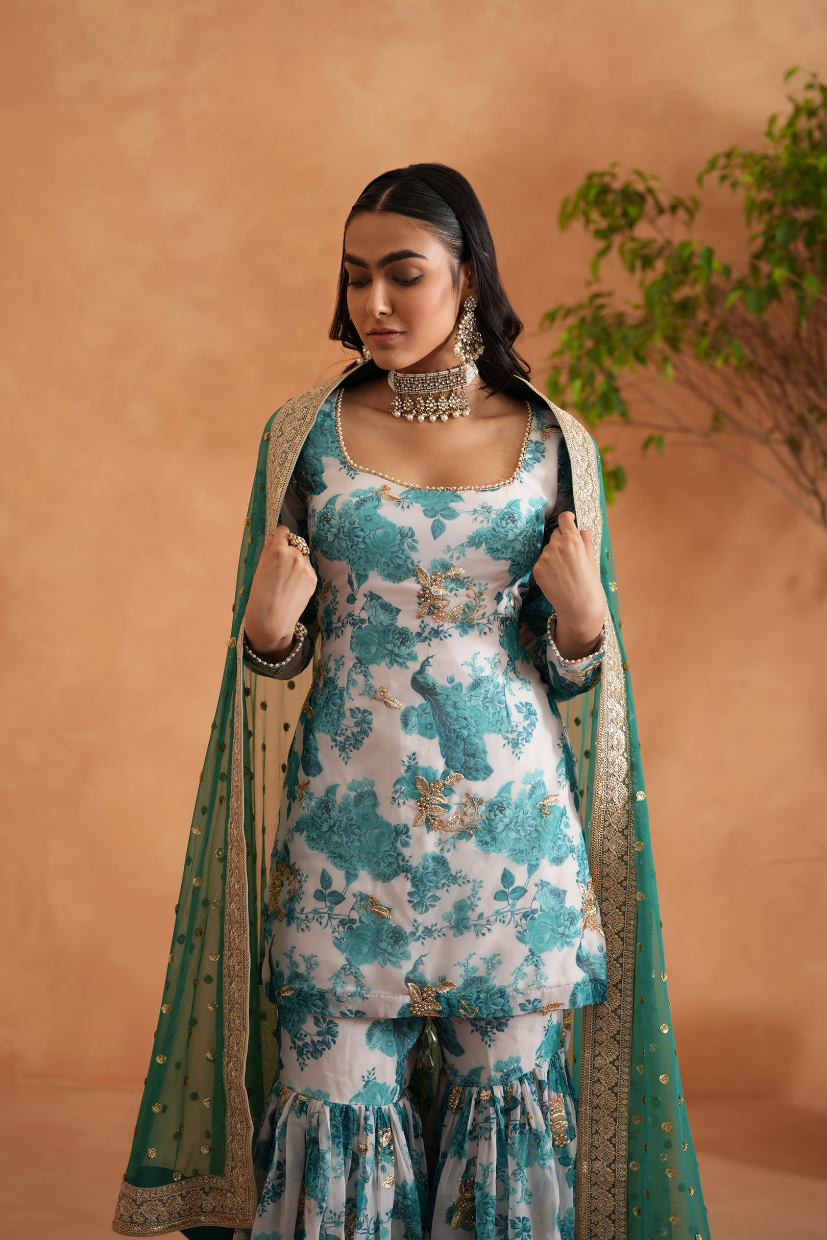 TEAL BLUE AND WHITE PRINTED KURTI, GHARARA DUPATTA