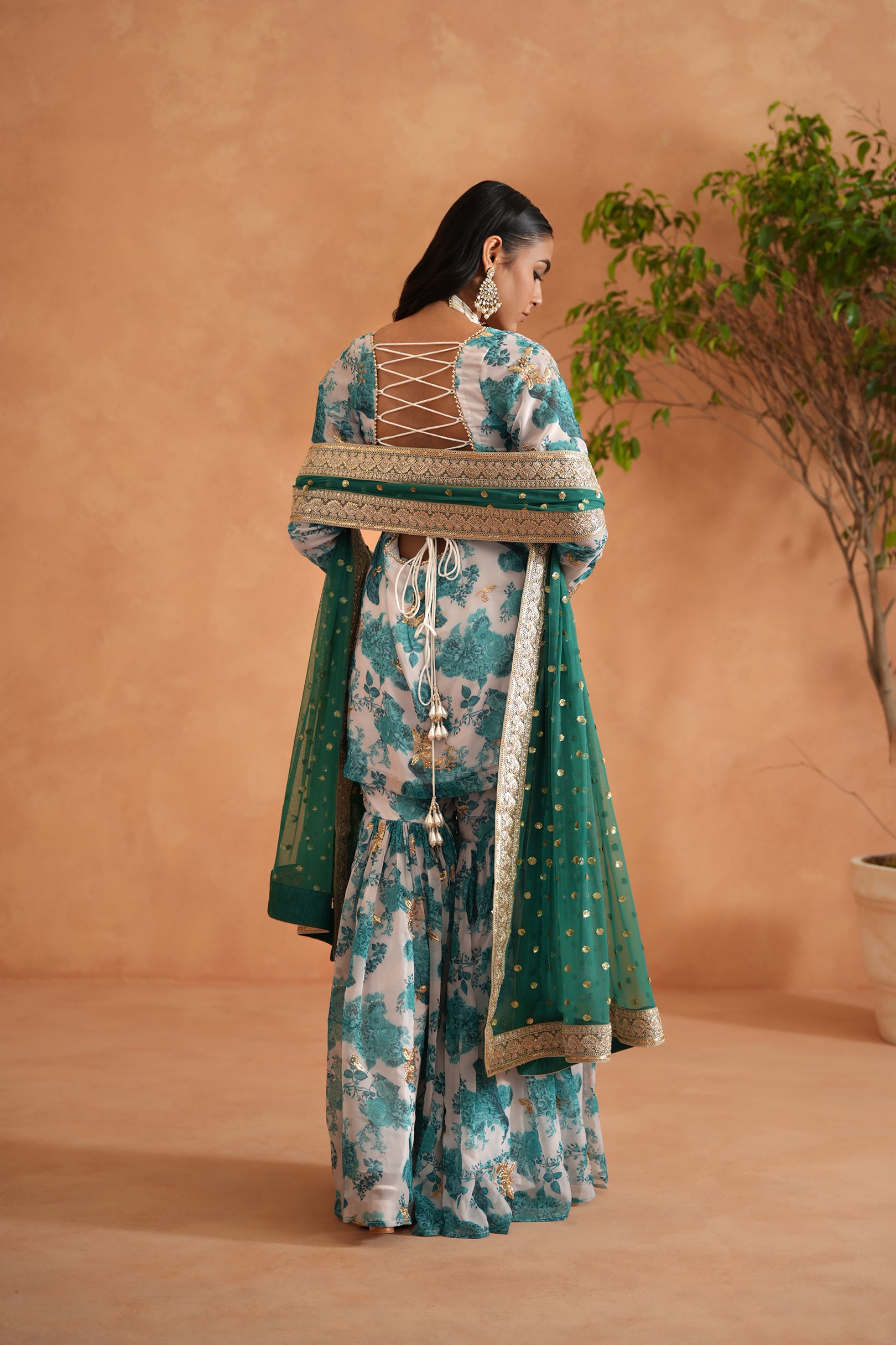 TEAL BLUE AND WHITE PRINTED KURTI, GHARARA DUPATTA