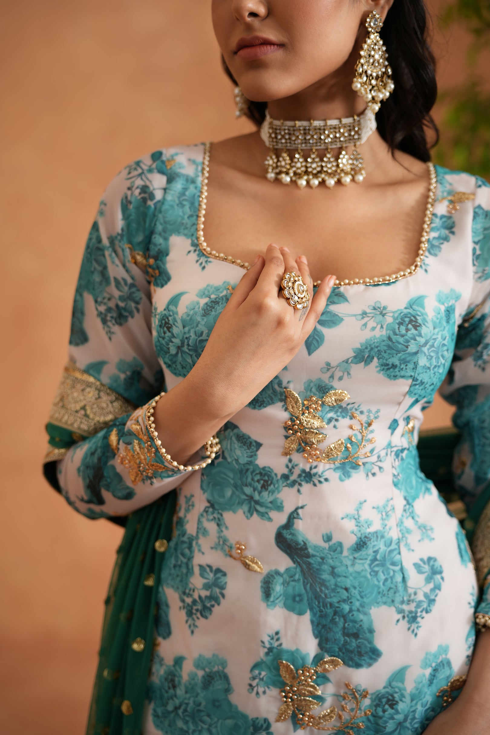 TEAL BLUE AND WHITE PRINTED KURTI, GHARARA DUPATTA