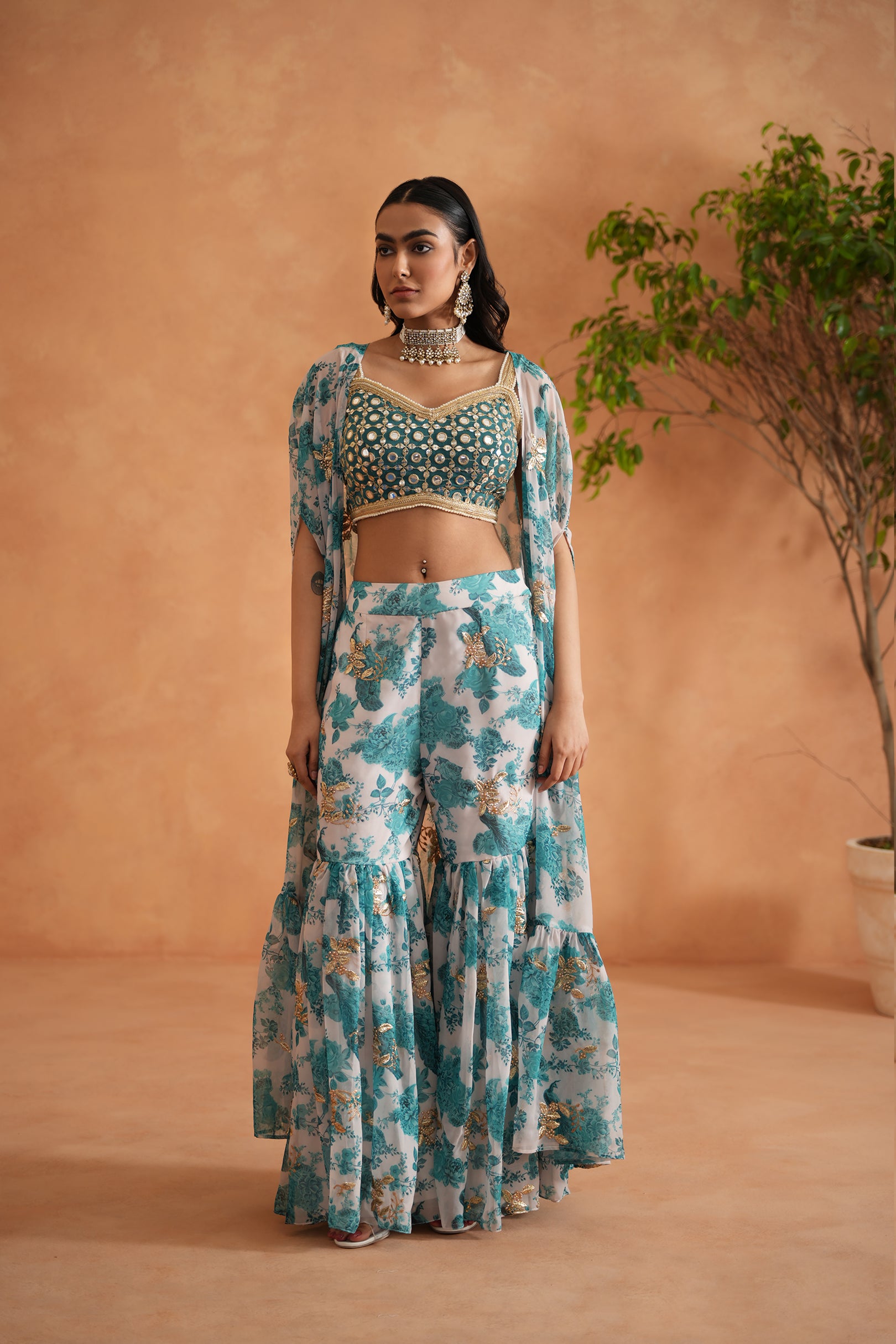 TEAL BLUE MIRROR BLOUSE, PRINTED GHARARA AND CAPE