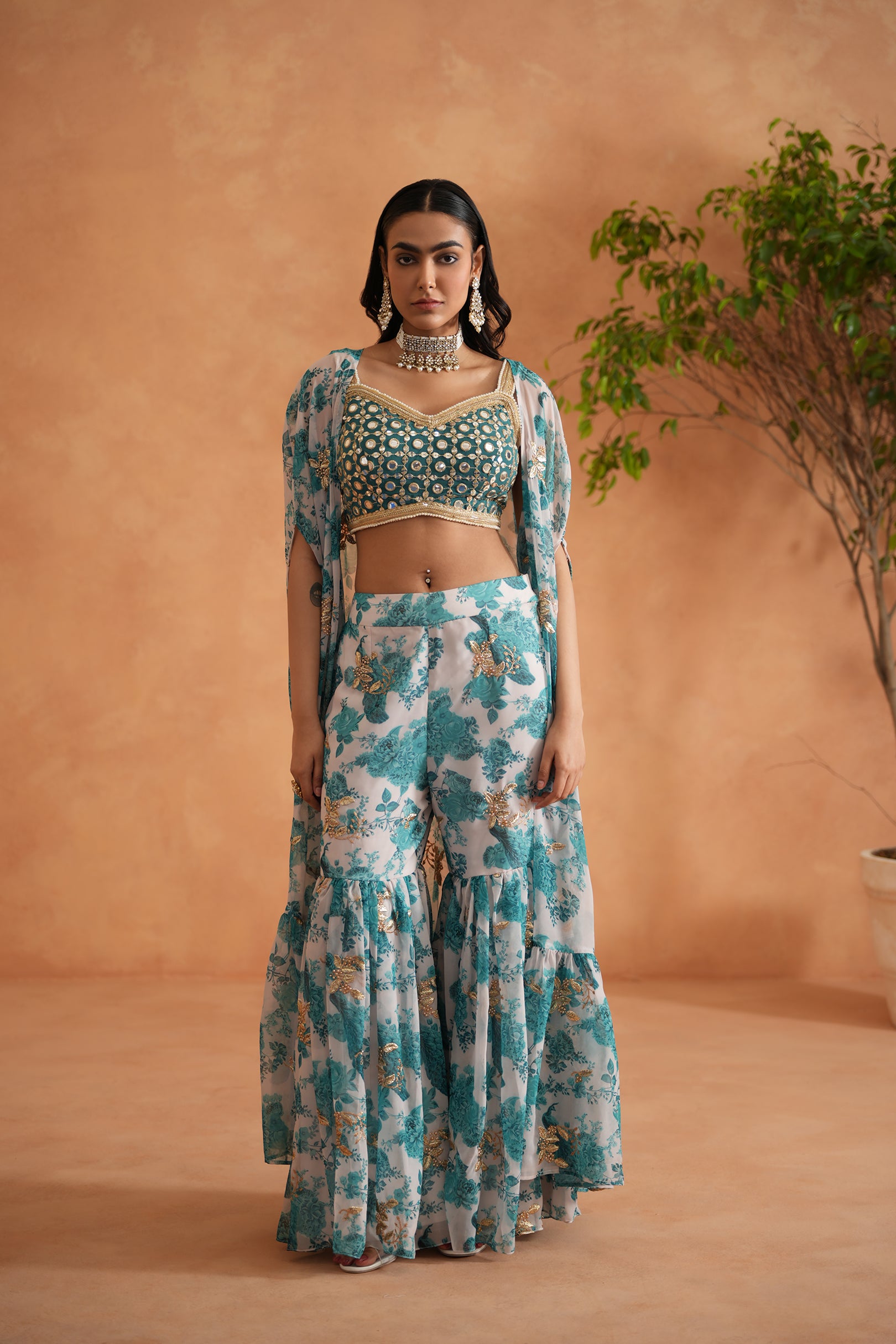 TEAL BLUE MIRROR BLOUSE, PRINTED GHARARA AND CAPE