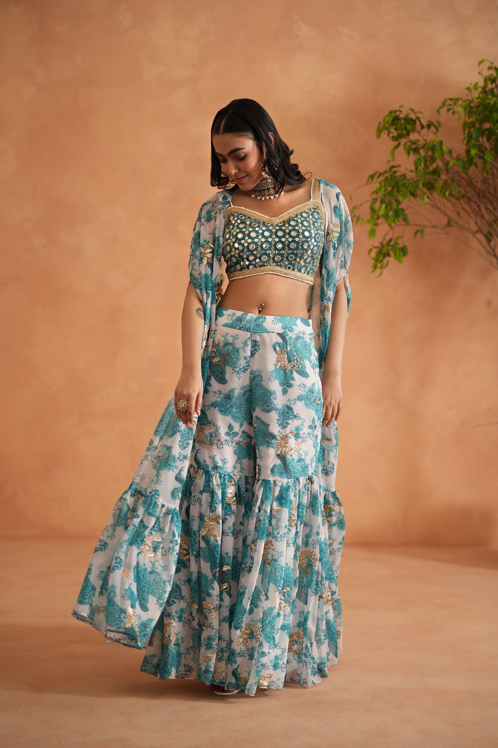 TEAL BLUE MIRROR BLOUSE, PRINTED GHARARA AND CAPE