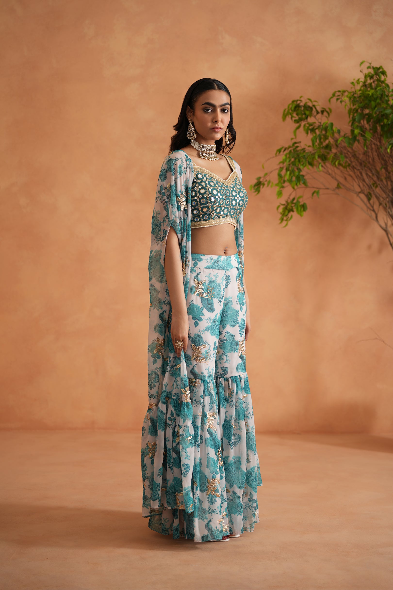 TEAL BLUE MIRROR BLOUSE, PRINTED GHARARA AND CAPE