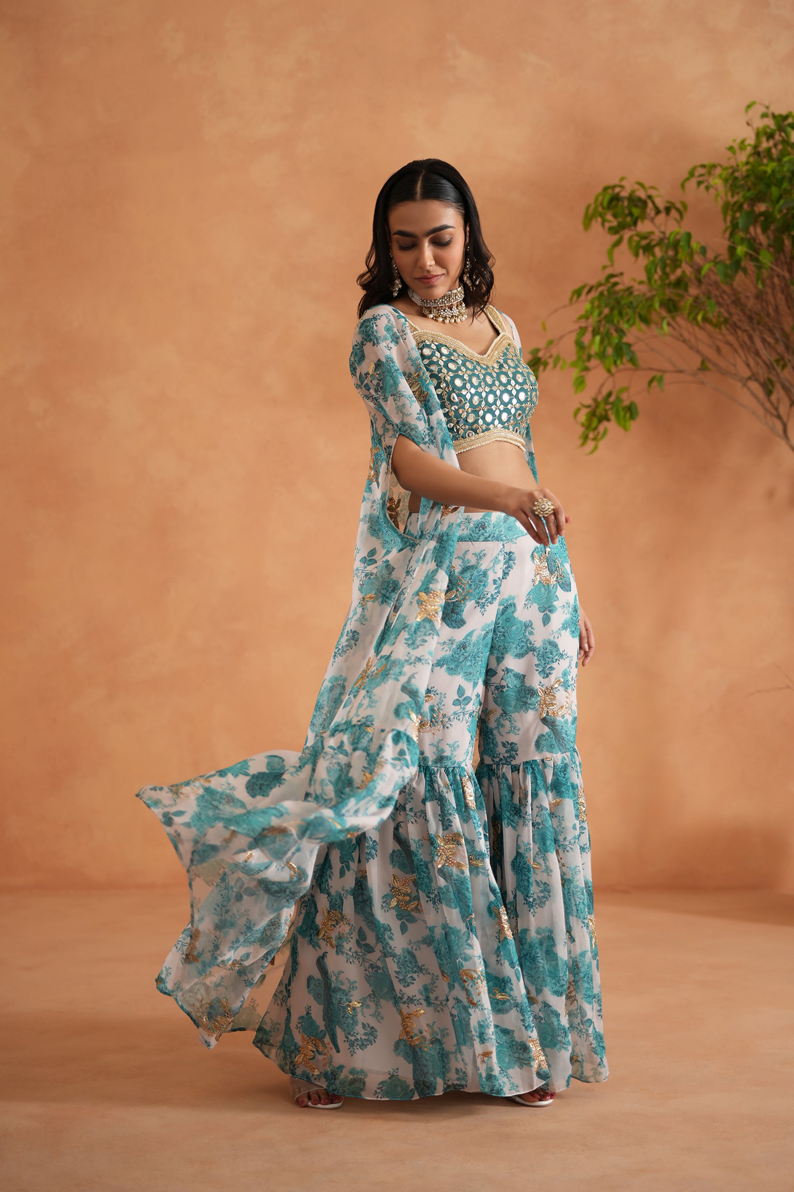 TEAL BLUE MIRROR BLOUSE, PRINTED GHARARA AND CAPE
