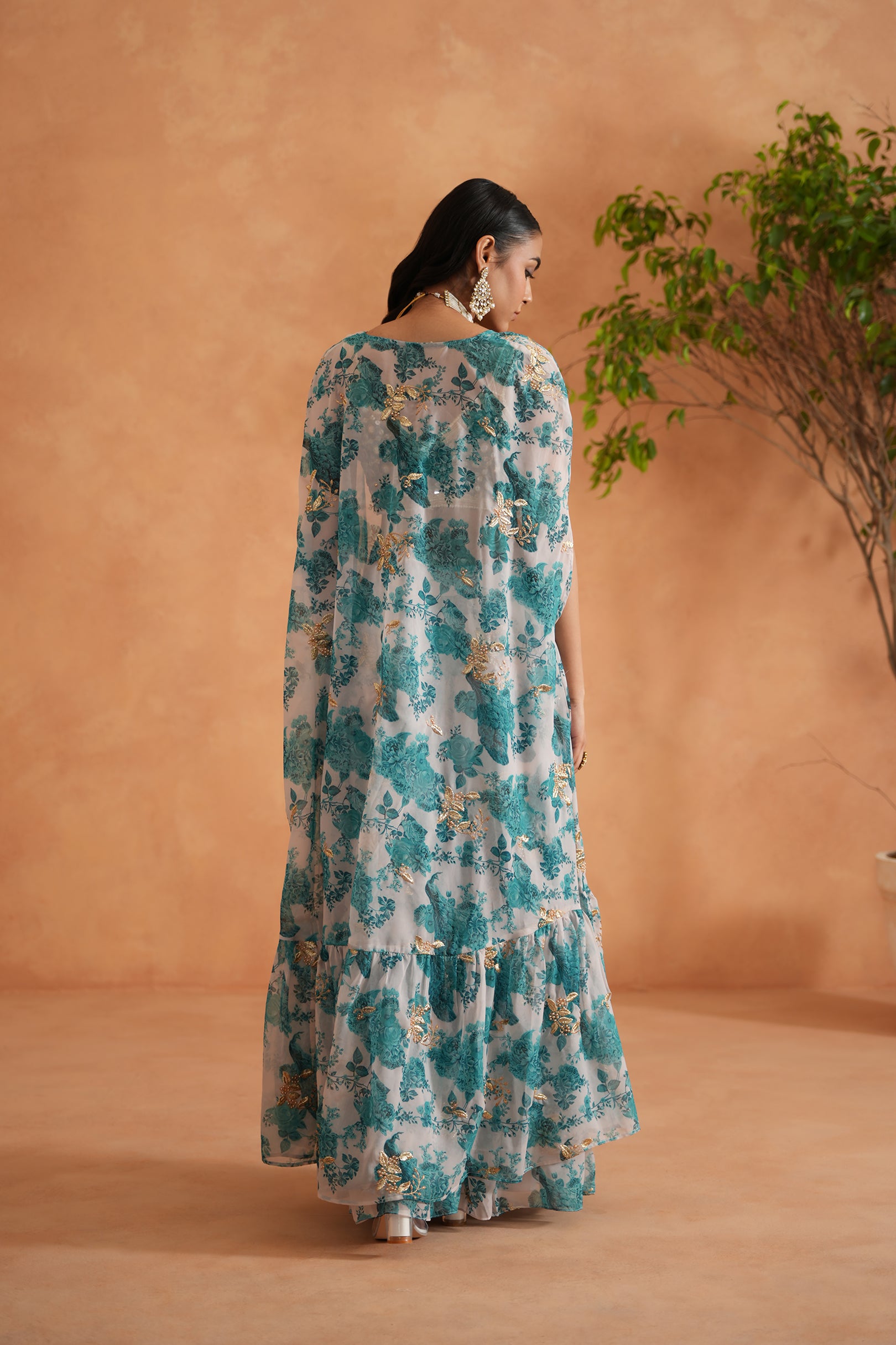TEAL BLUE MIRROR BLOUSE, PRINTED GHARARA AND CAPE