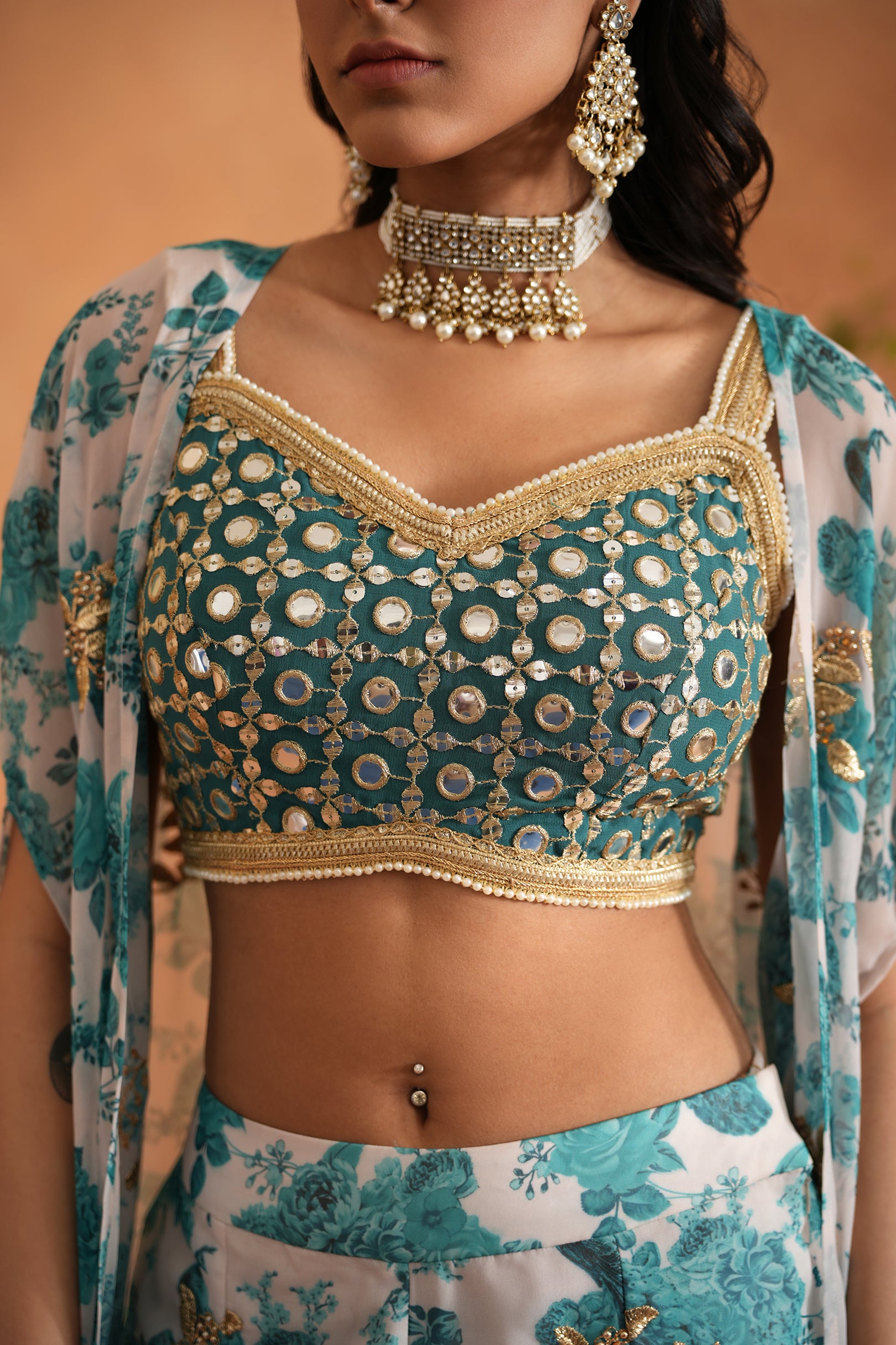 TEAL BLUE MIRROR BLOUSE, PRINTED GHARARA AND CAPE