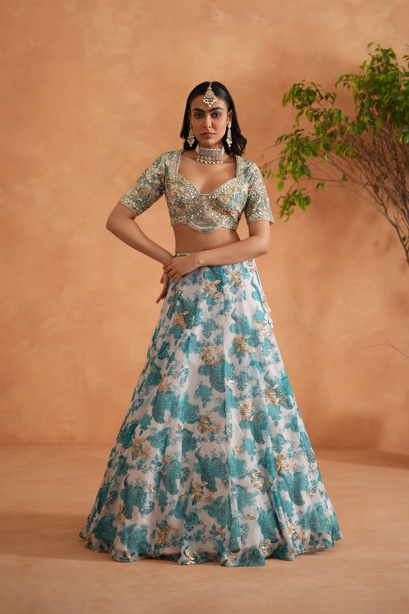 TEAL BLUE MIRROR EMBROIDERY BLOUSE, PRINTED LEHANGA,DUPATTA