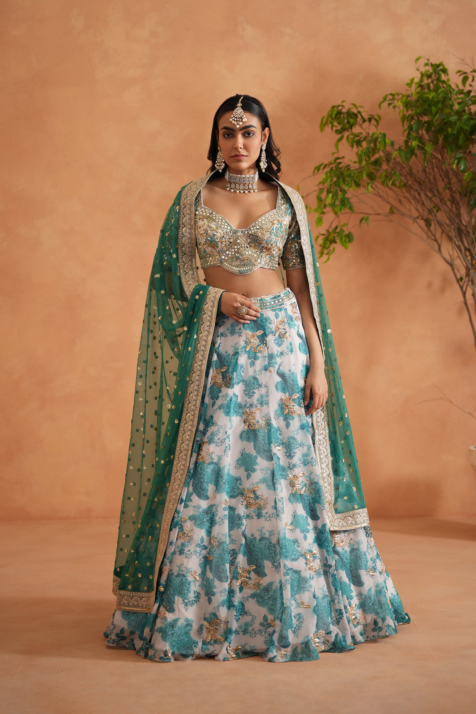 TEAL BLUE MIRROR EMBROIDERY BLOUSE, PRINTED LEHANGA,DUPATTA