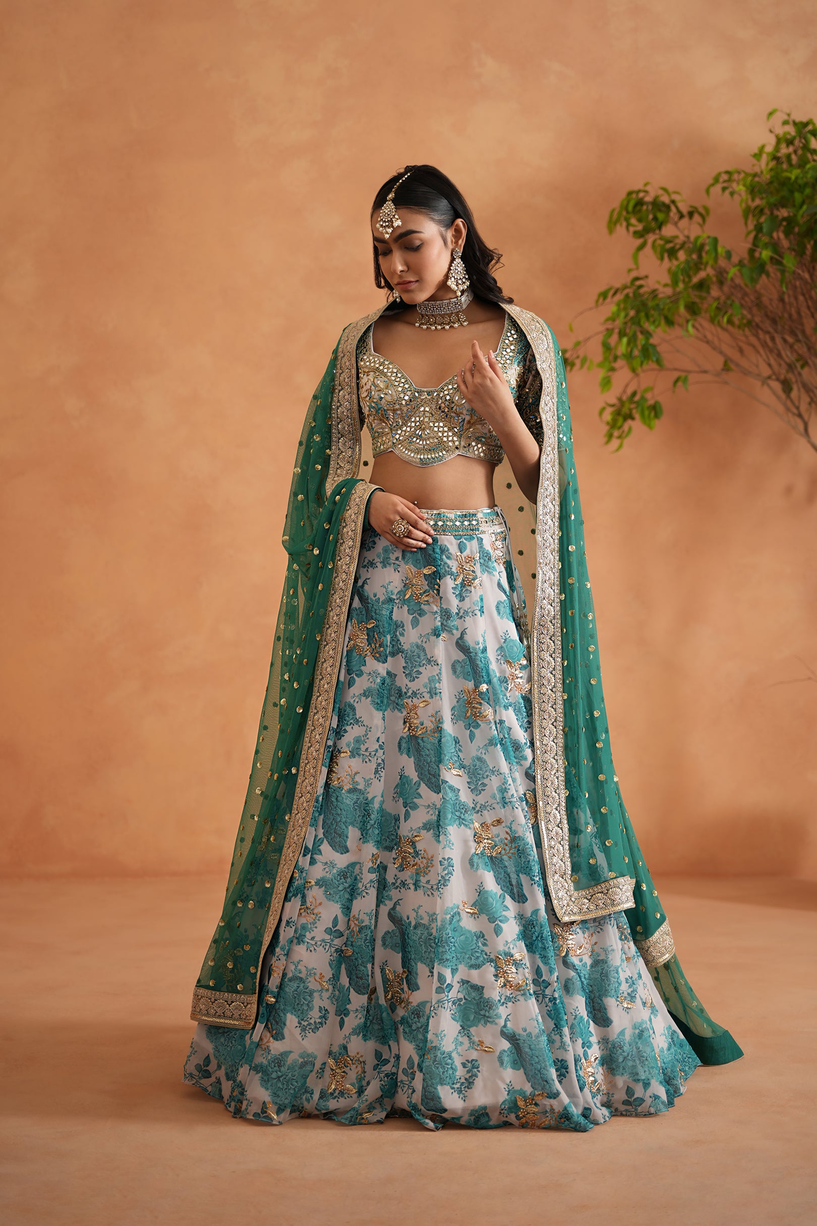 TEAL BLUE MIRROR EMBROIDERY BLOUSE, PRINTED LEHANGA,DUPATTA