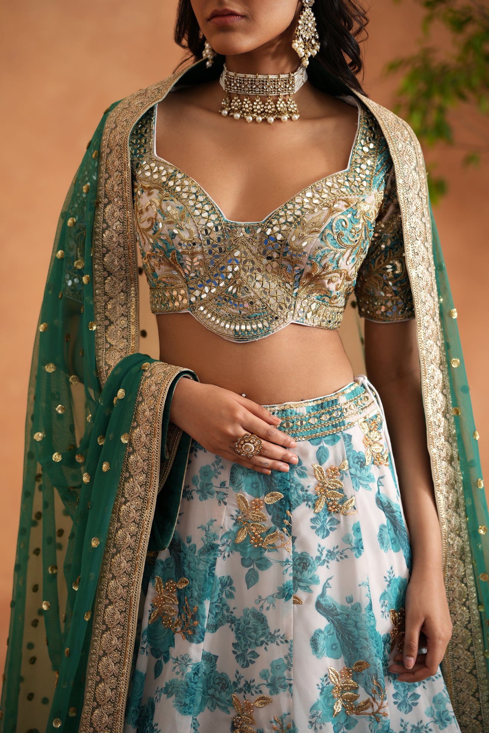 TEAL BLUE MIRROR EMBROIDERY BLOUSE, PRINTED LEHANGA,DUPATTA