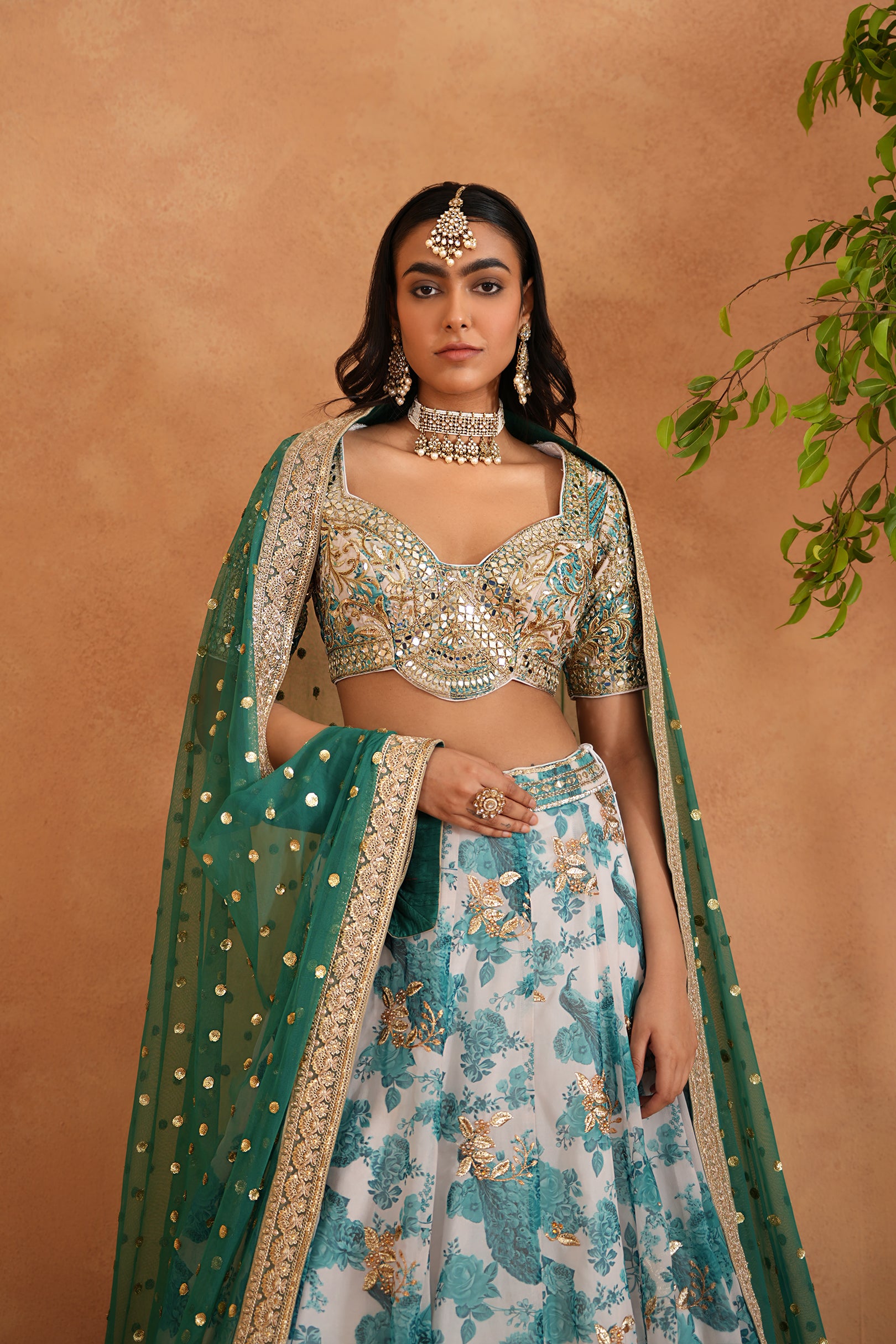 TEAL BLUE MIRROR EMBROIDERY BLOUSE, PRINTED LEHANGA,DUPATTA