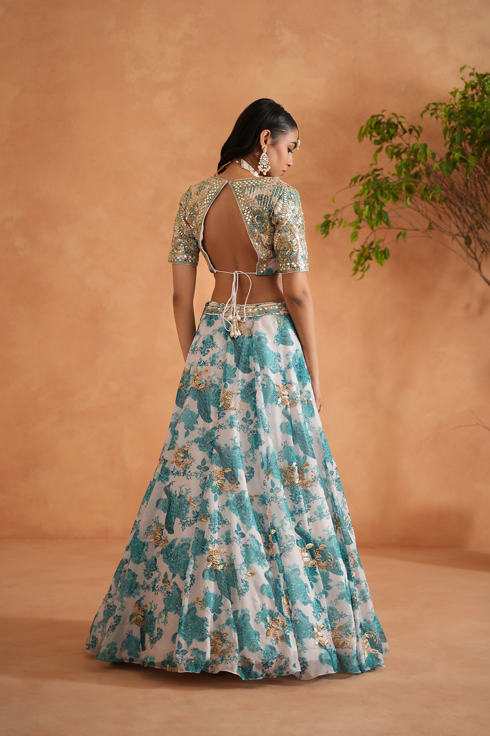 TEAL BLUE MIRROR EMBROIDERY BLOUSE, PRINTED LEHANGA,DUPATTA