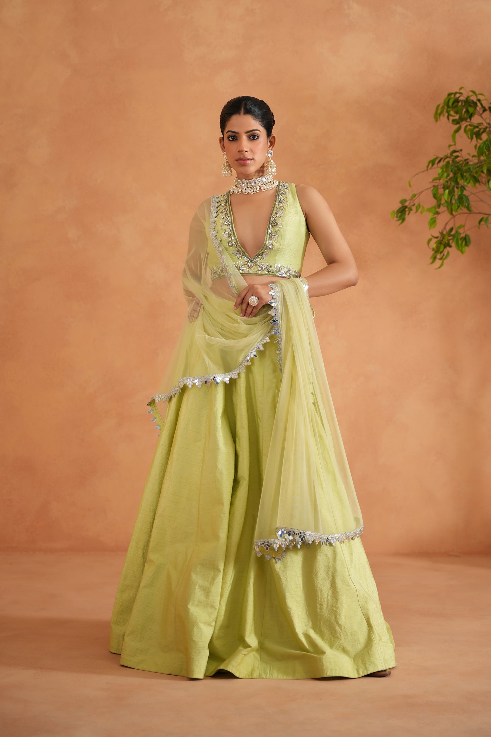 LIME YELLOW EMBROIDERED BLOUSE, LEHENGA AND DUPATTA