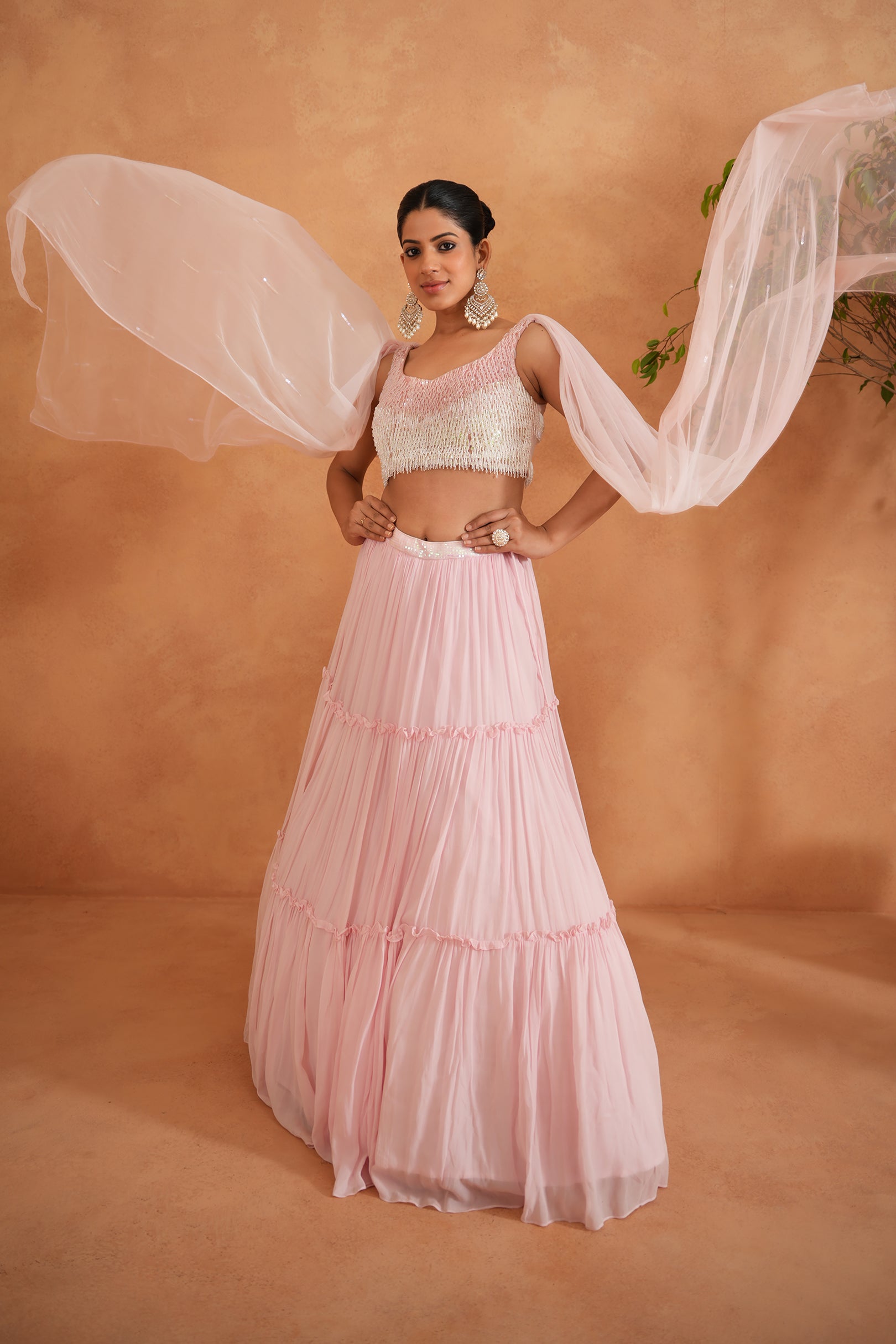 WHITE AND PINK EMBROIDERED BLOUSE, LEHENGA, DUPATTA