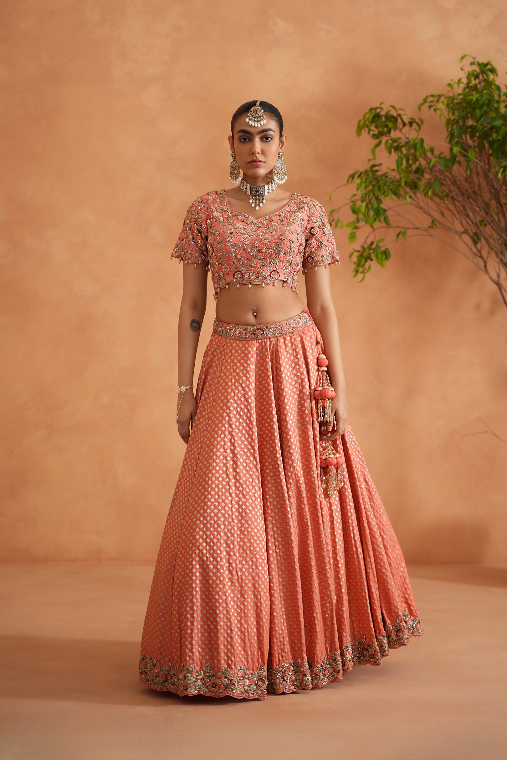 CORAL EMBROIDERY BLOUSE, BROCADE LEHNAGA, DUPATTA