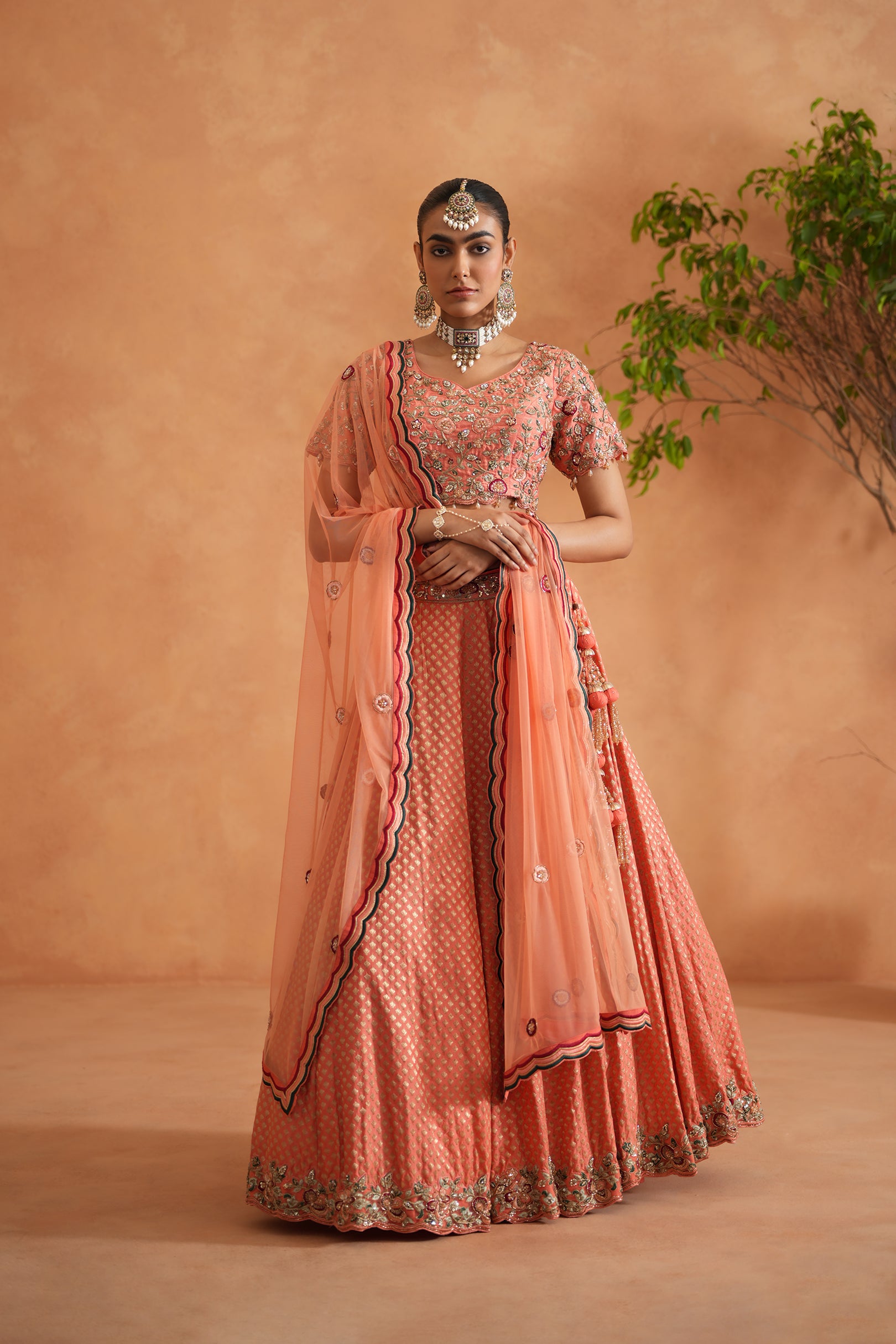 CORAL EMBROIDERY BLOUSE, BROCADE LEHNAGA, DUPATTA