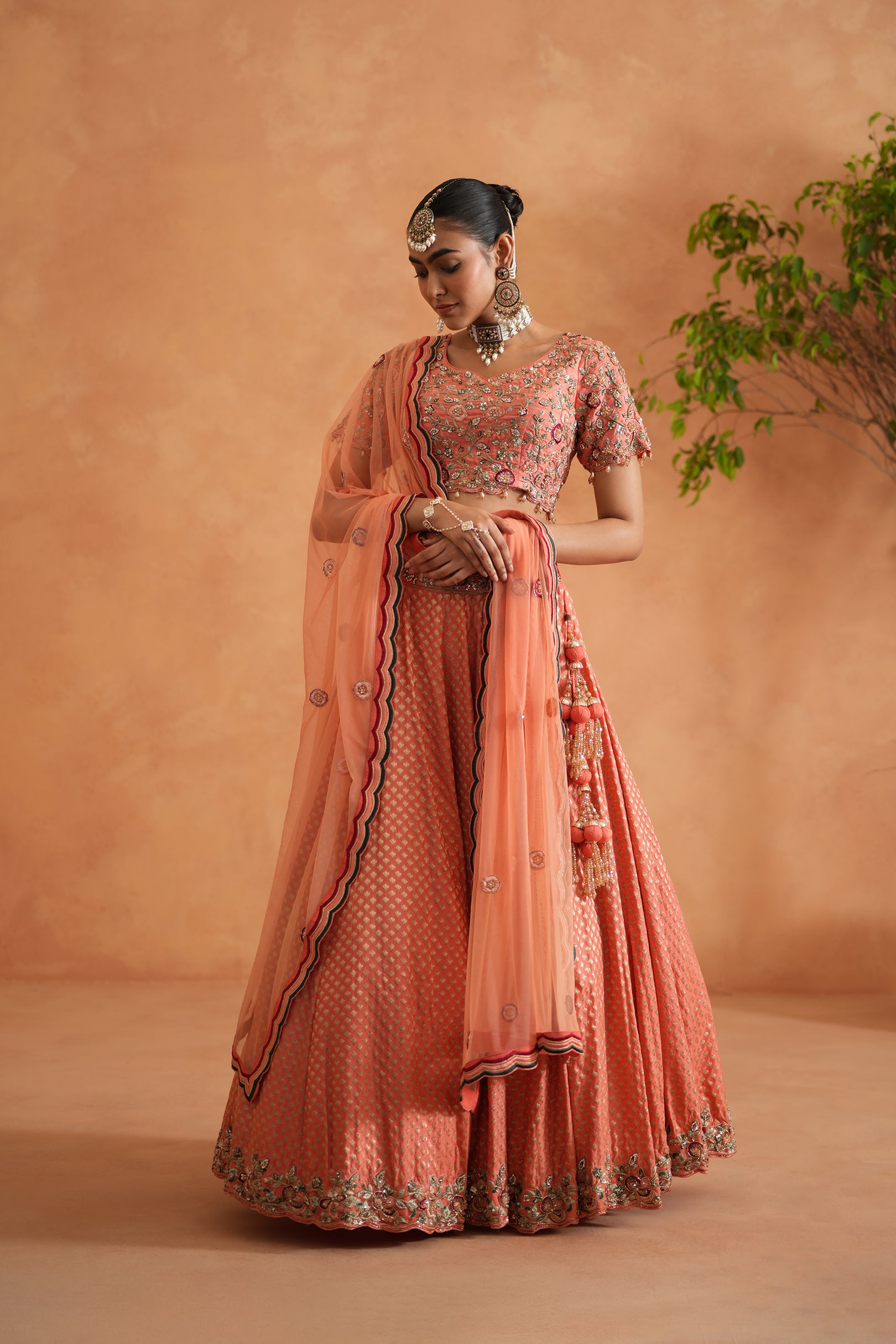 CORAL EMBROIDERY BLOUSE, BROCADE LEHNAGA, DUPATTA