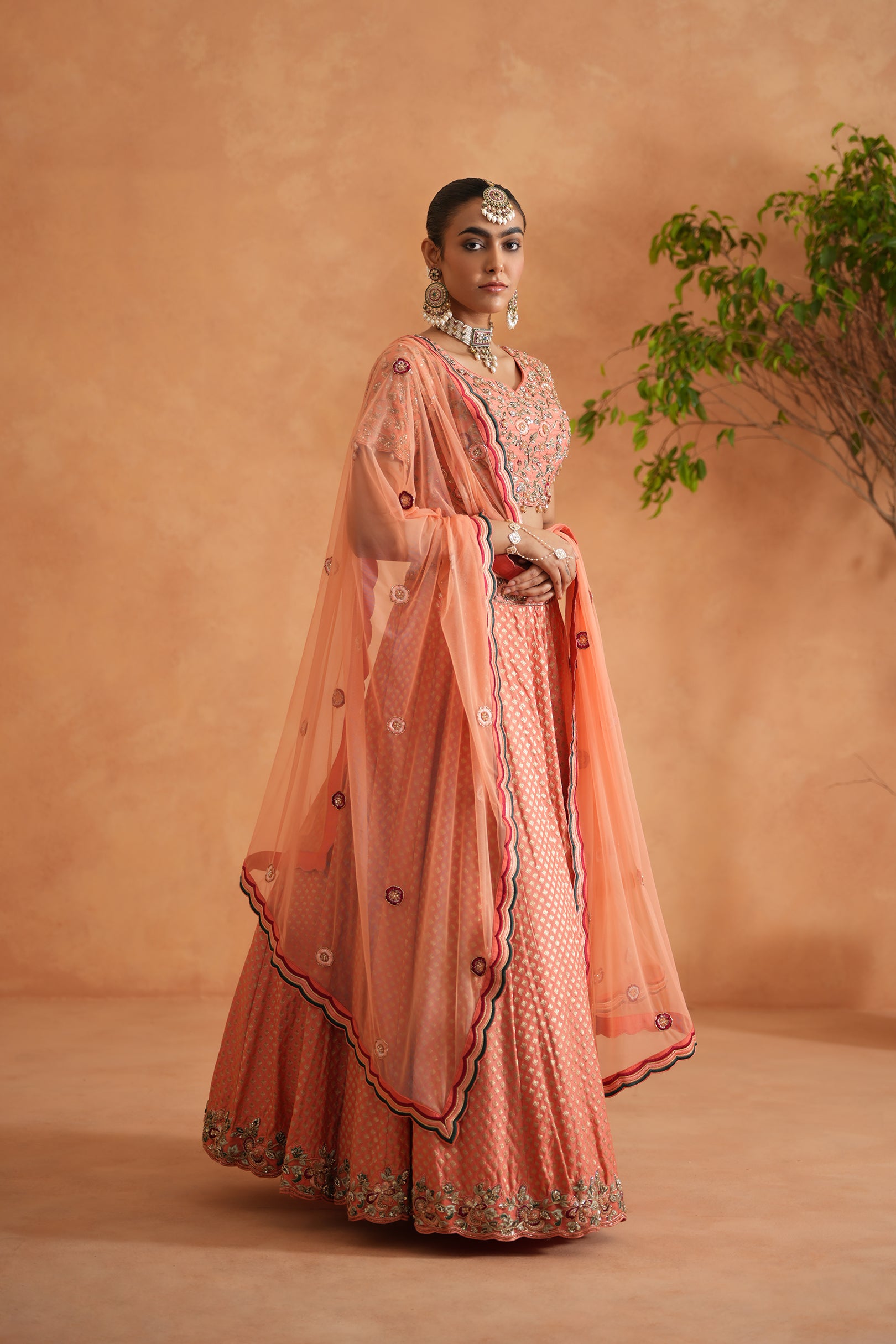 CORAL EMBROIDERY BLOUSE, BROCADE LEHNAGA, DUPATTA