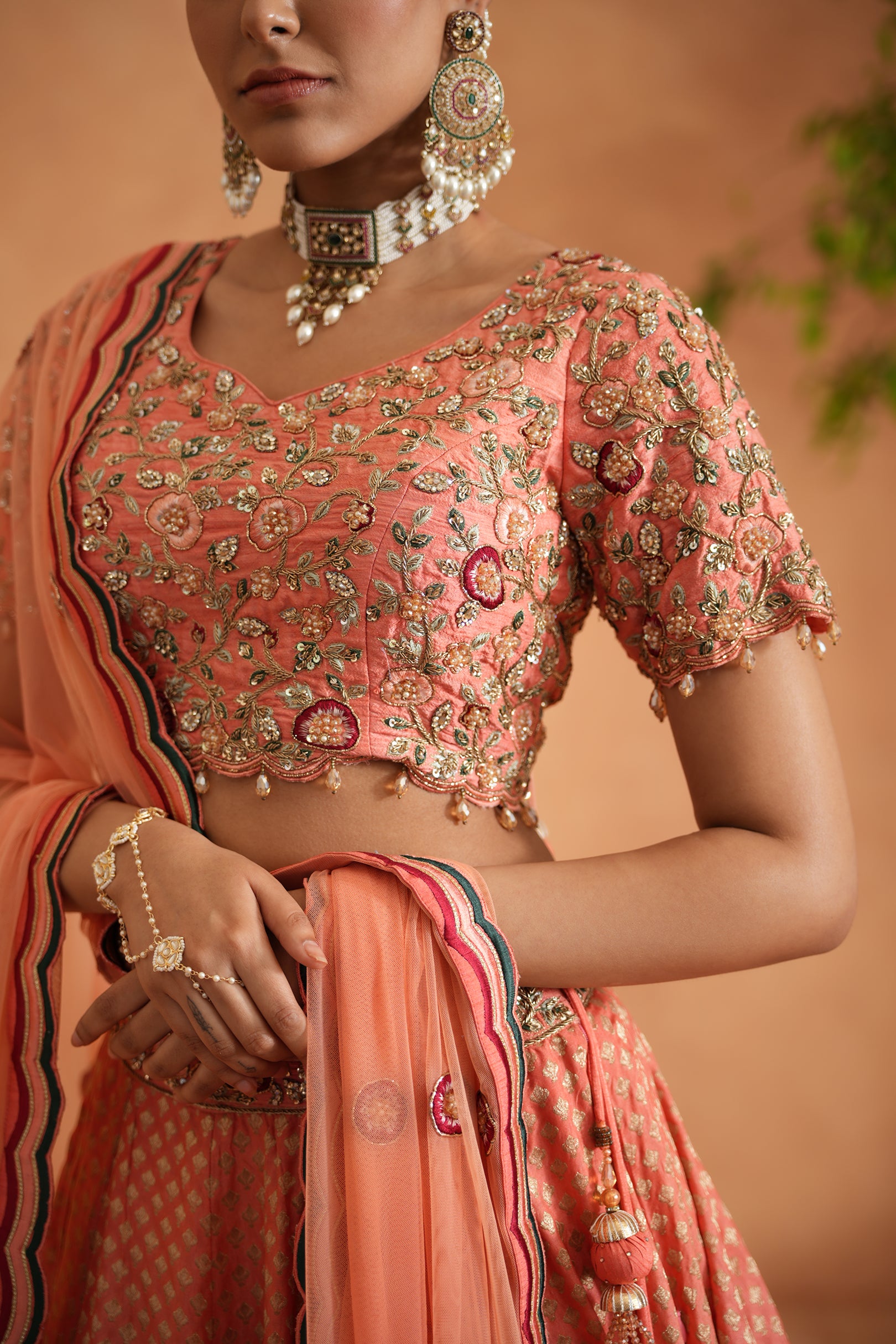 CORAL EMBROIDERY BLOUSE, BROCADE LEHNAGA, DUPATTA