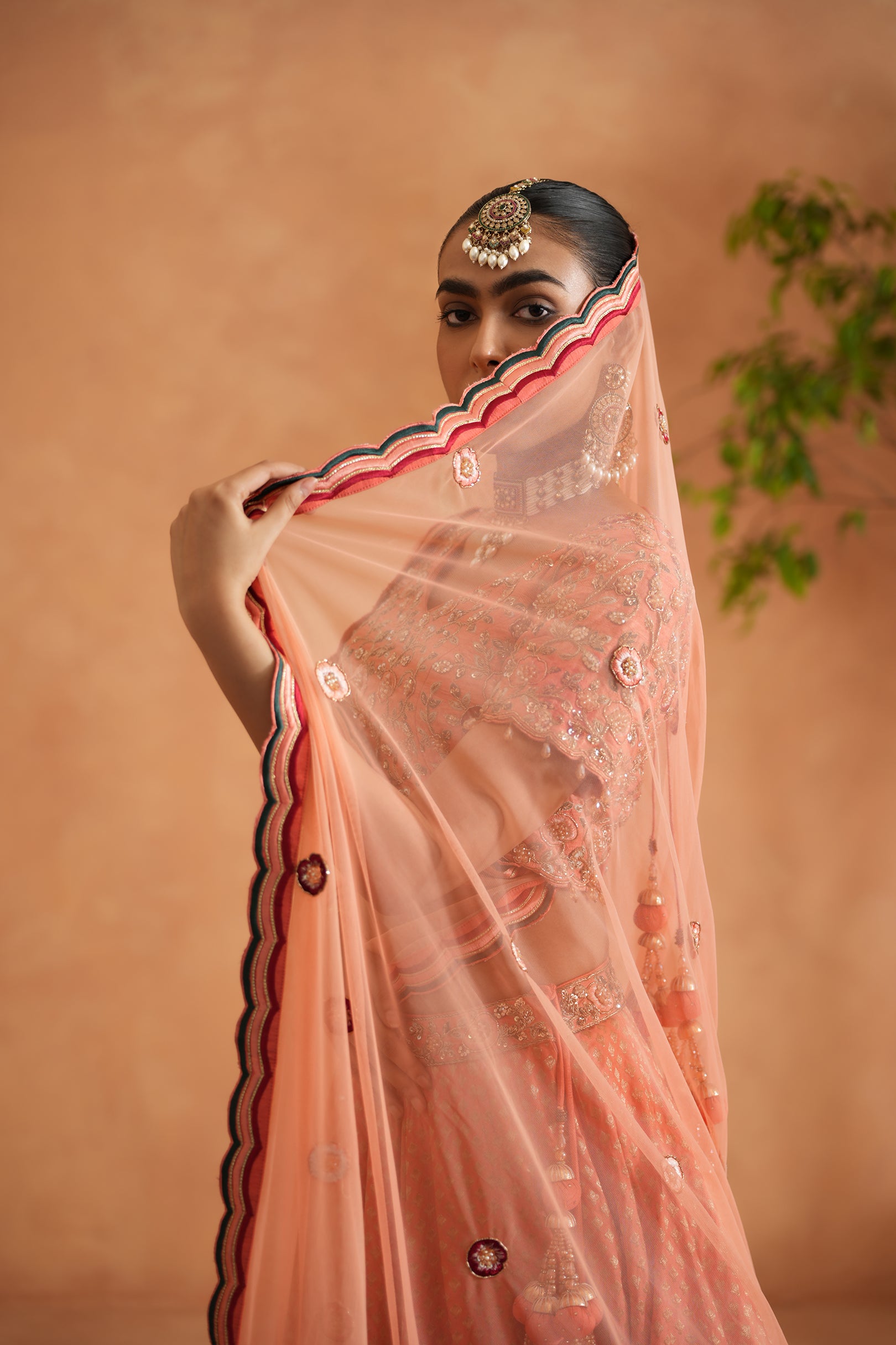 CORAL EMBROIDERY BLOUSE, BROCADE LEHNAGA, DUPATTA