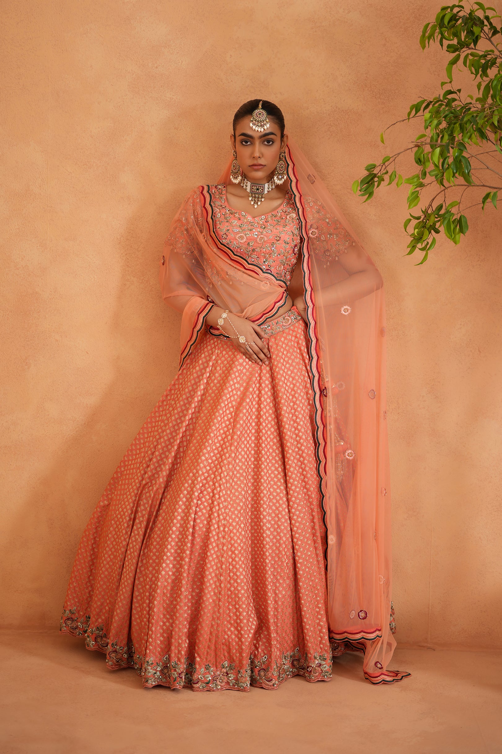 CORAL EMBROIDERY BLOUSE, BROCADE LEHNAGA, DUPATTA