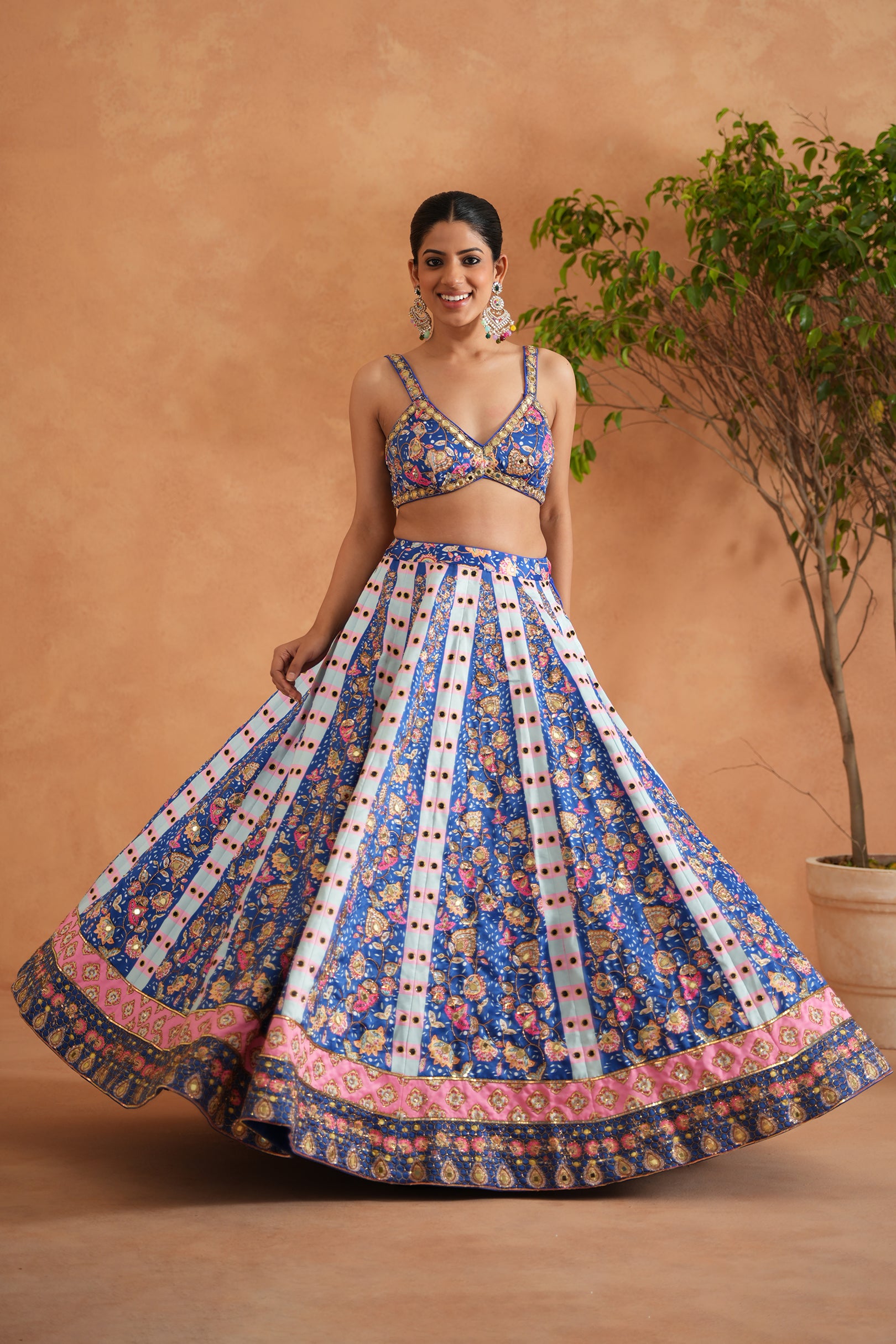 BLUE PRINTED AND EMBROIDERED BLOUSE, LEHENGA AND DUPATTA