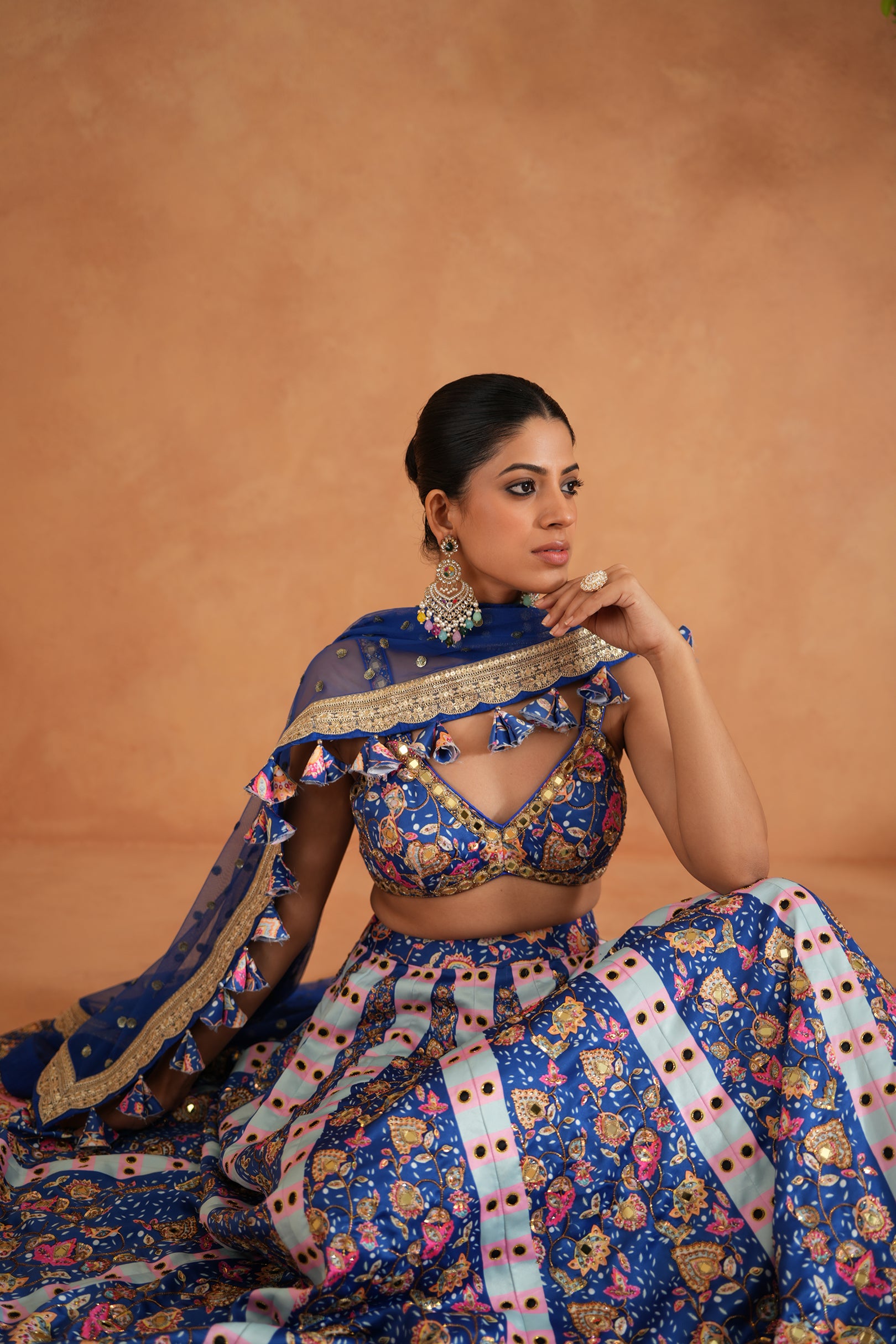 BLUE PRINTED AND EMBROIDERED BLOUSE, LEHENGA AND DUPATTA