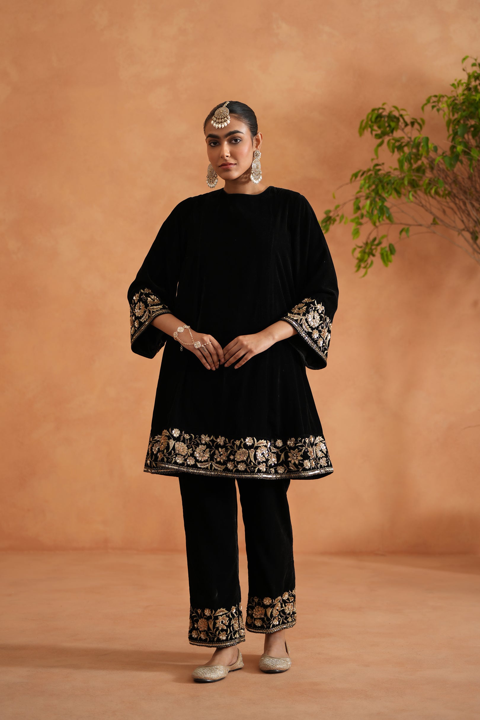 BLACK VELVET EMBROIDERED TUNIC AND PANTS