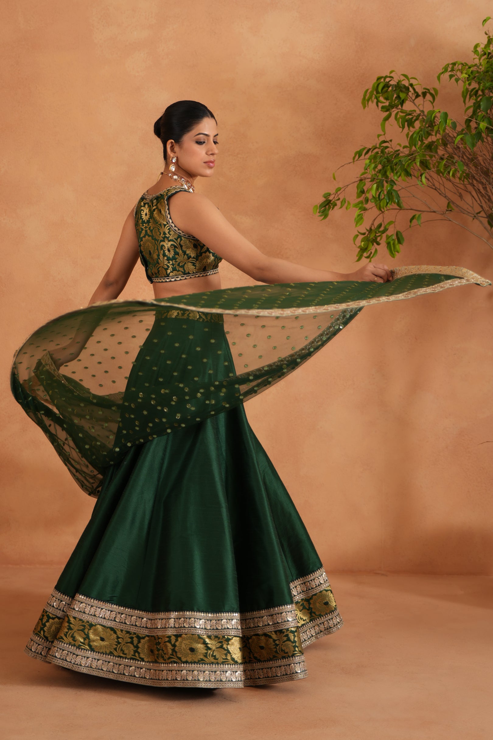 BOTTLE GREEN BROCADE BLOUSE, LEHENGA AND DUPATTA