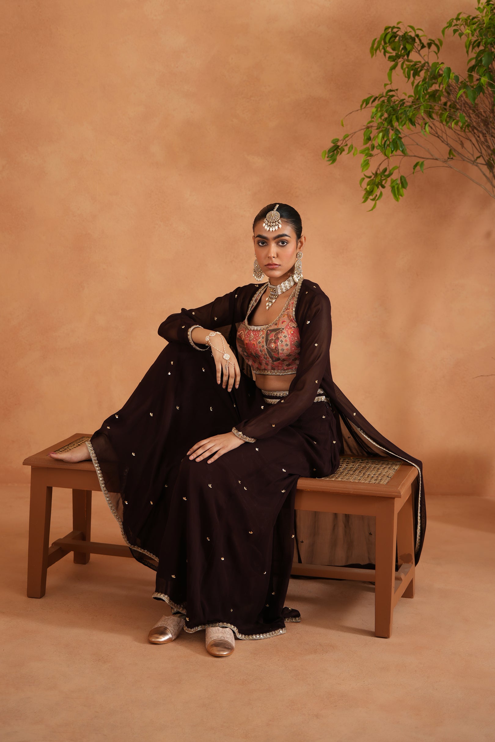 PRINTED BLOUSE, SHARARA AND LONG JACKET