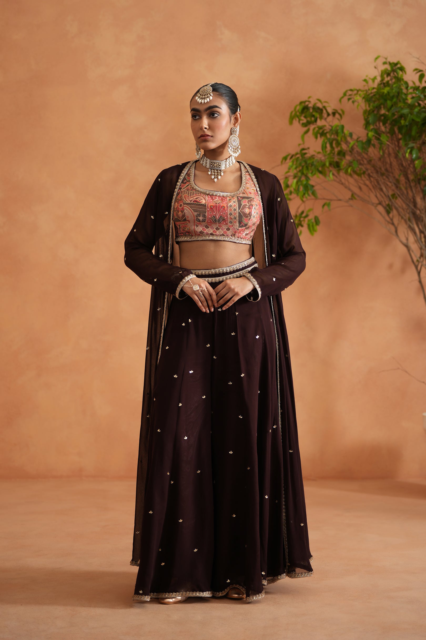 PRINTED BLOUSE, SHARARA AND LONG JACKET