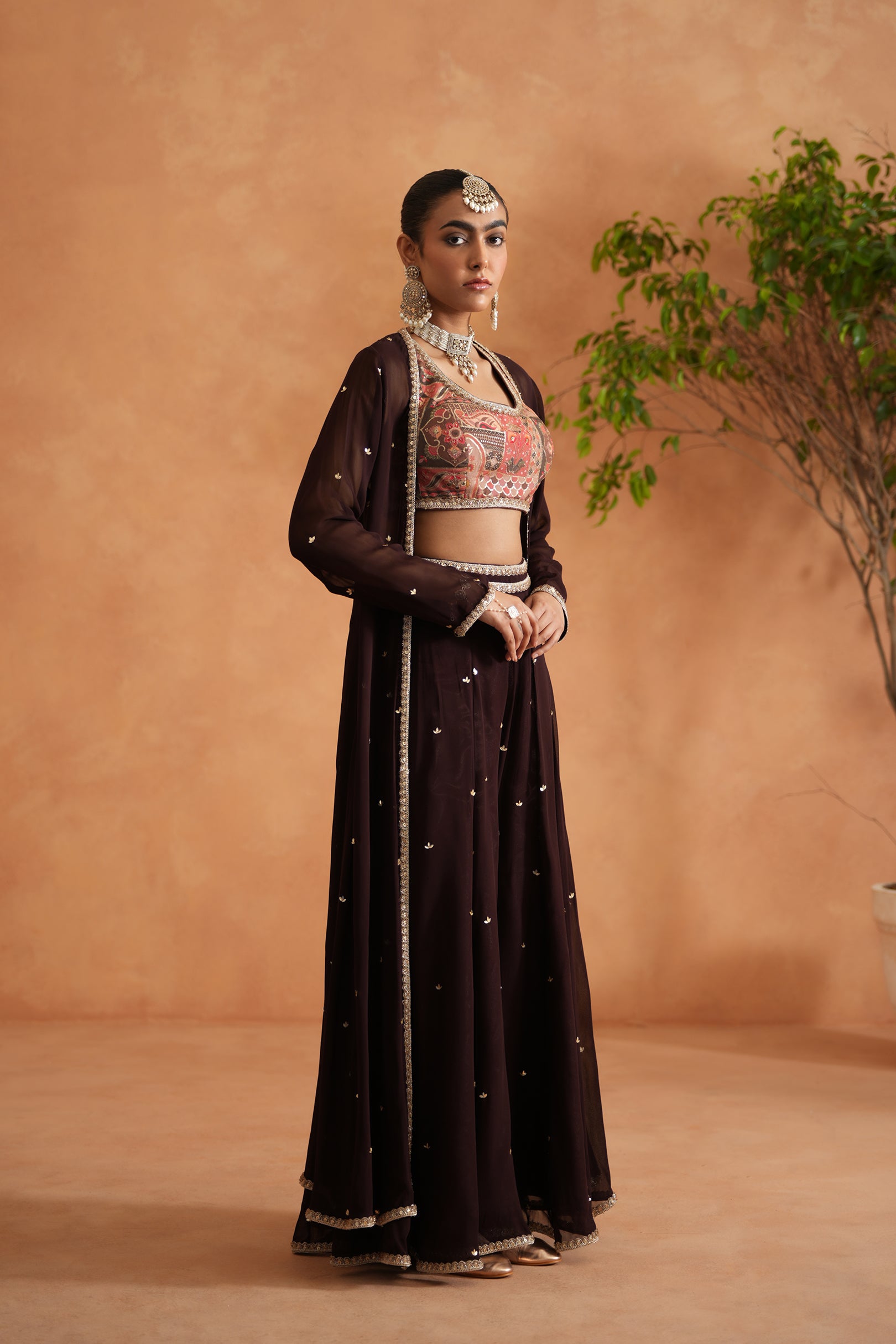 PRINTED BLOUSE, SHARARA AND LONG JACKET