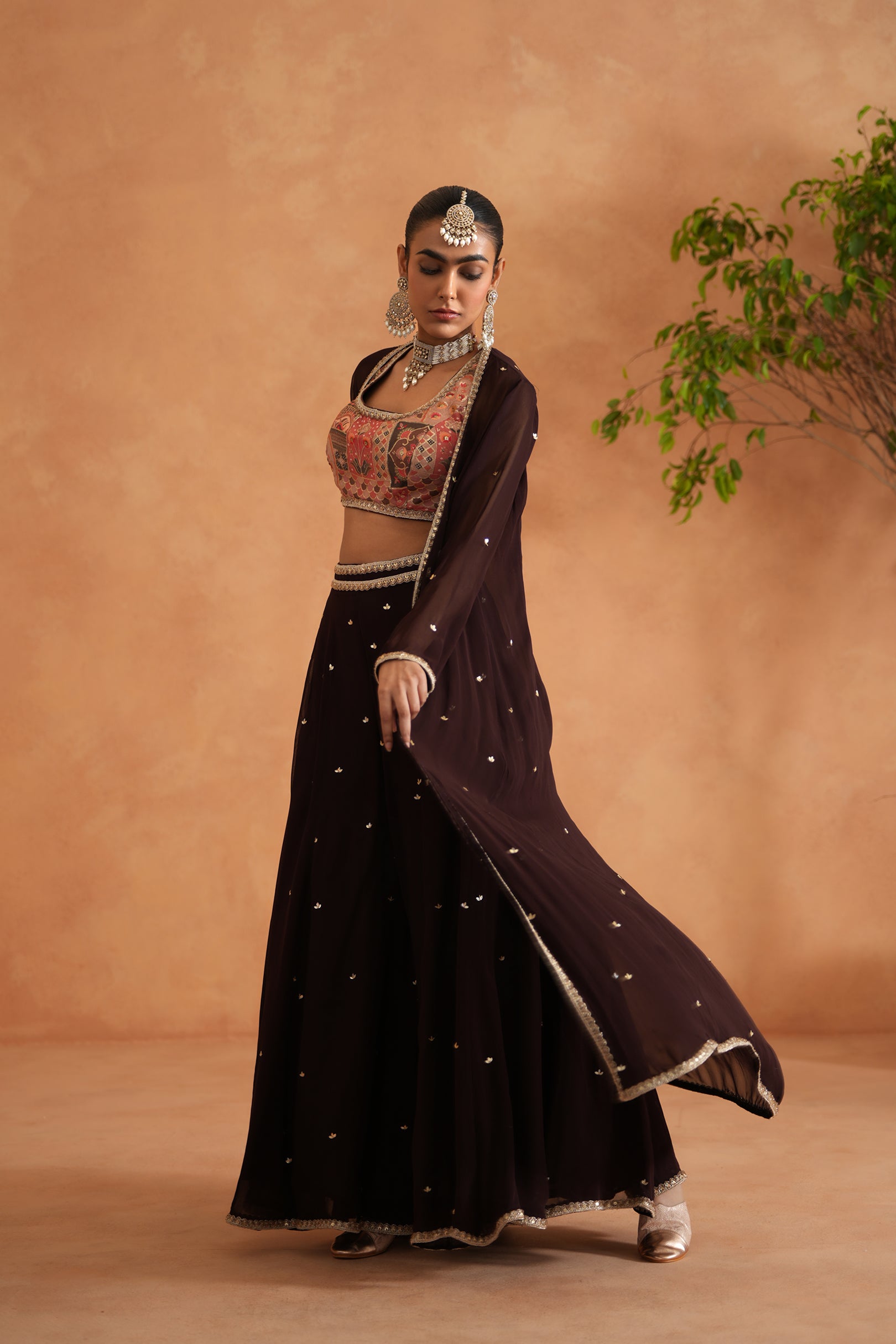 PRINTED BLOUSE, SHARARA AND LONG JACKET