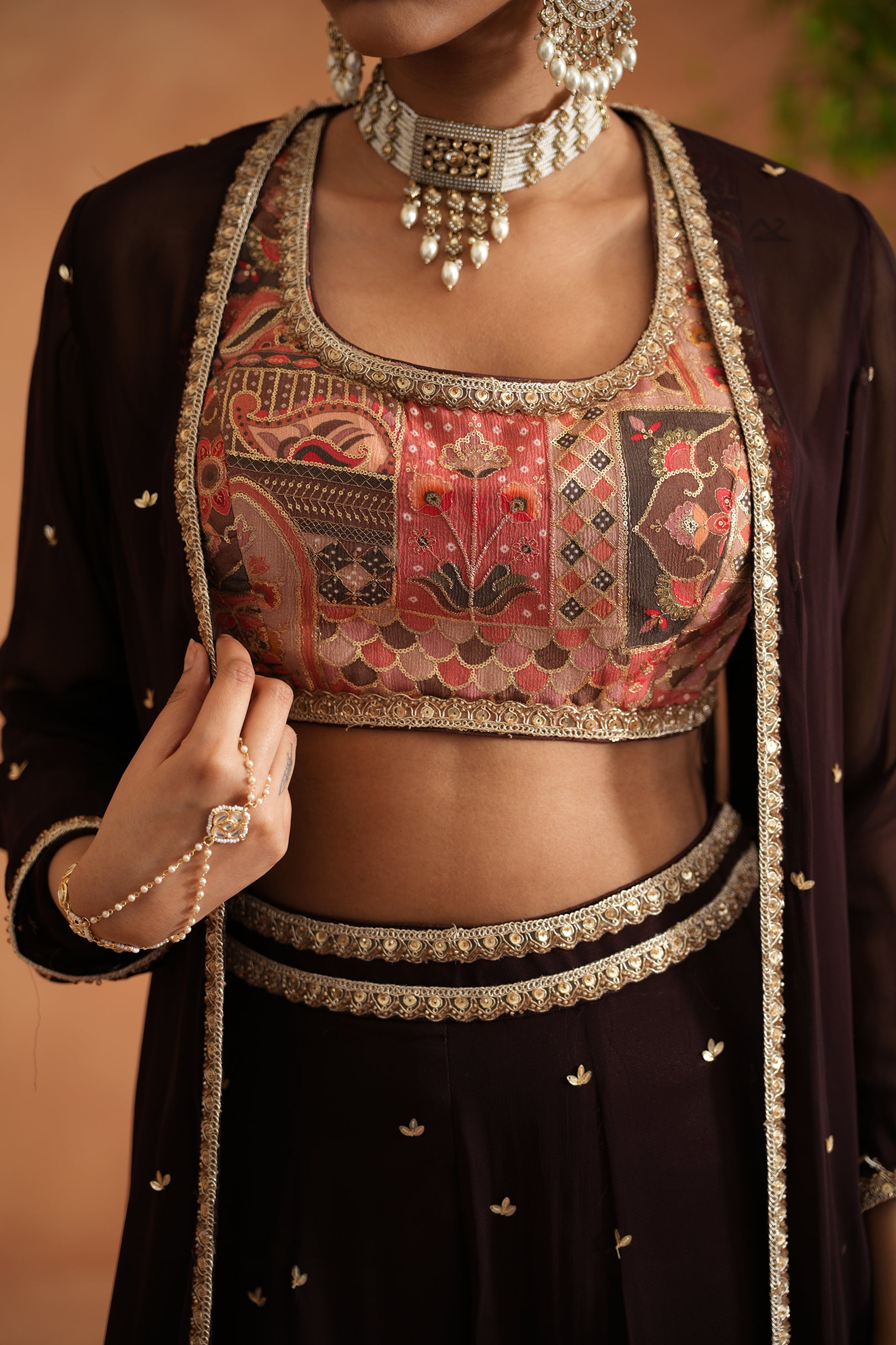 PRINTED BLOUSE, SHARARA AND LONG JACKET