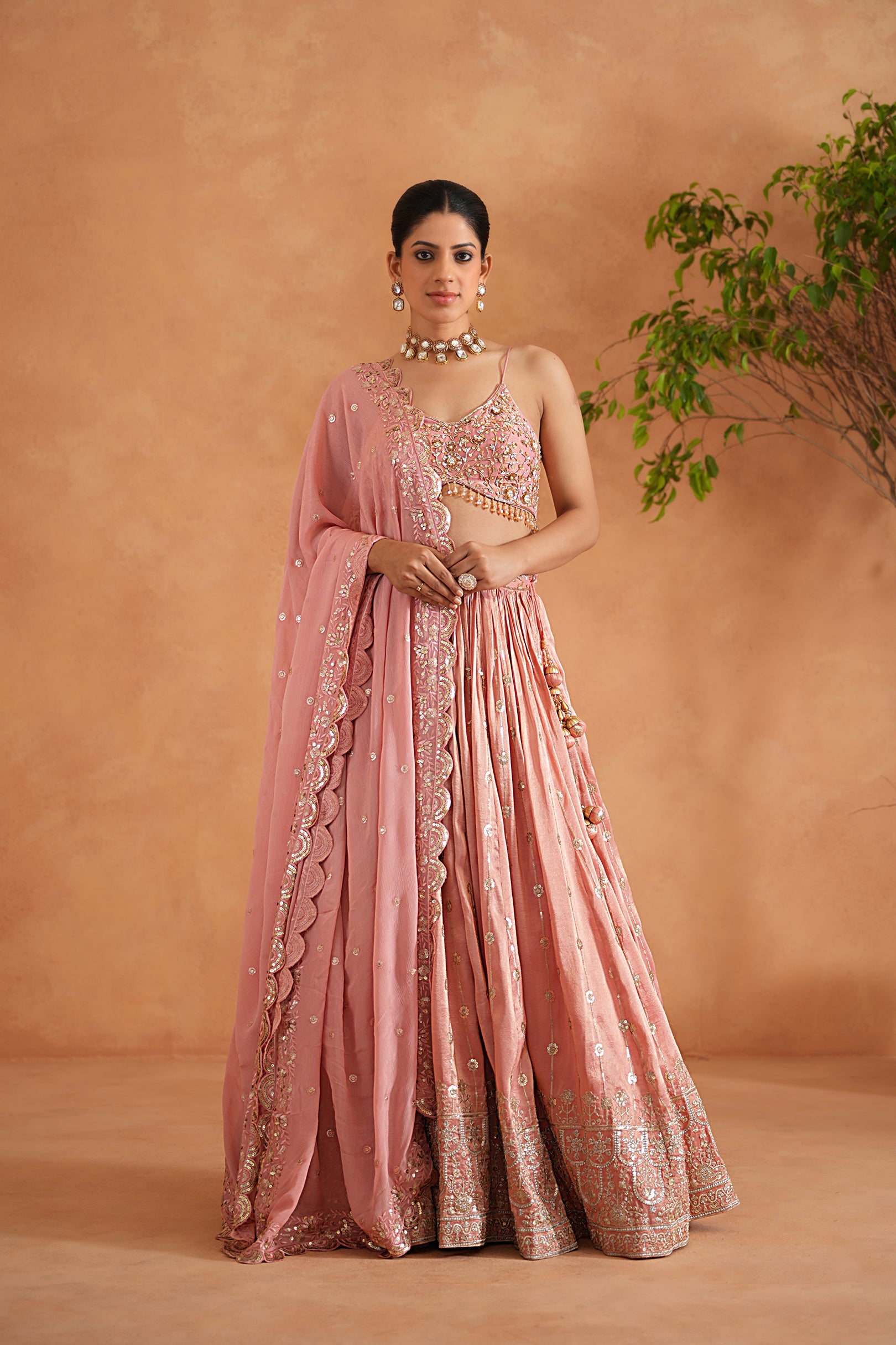 PINK EMBROIDERED BLOUSE, LEHENGA AND DUPATA