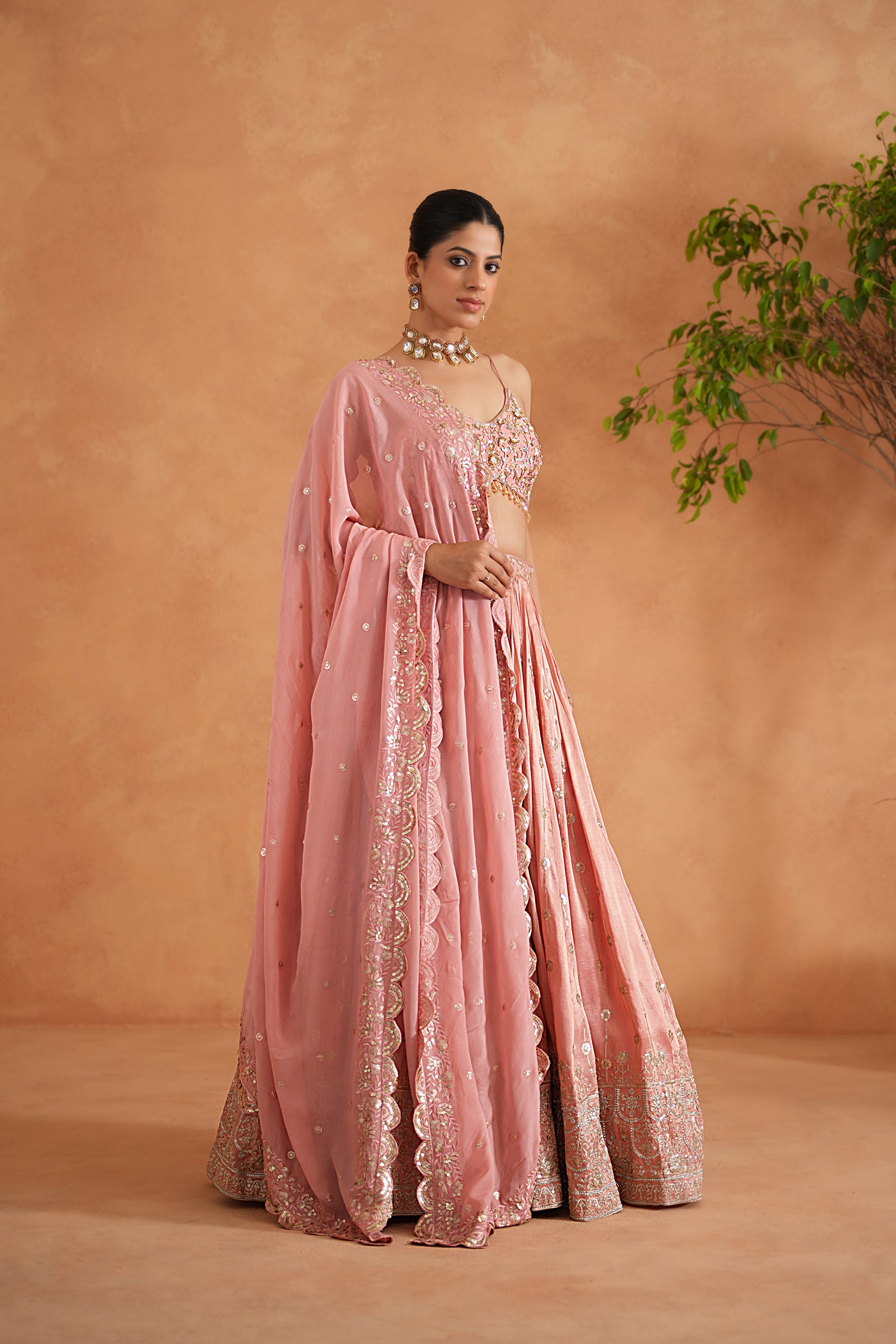 PINK EMBROIDERED BLOUSE, LEHENGA AND DUPATA