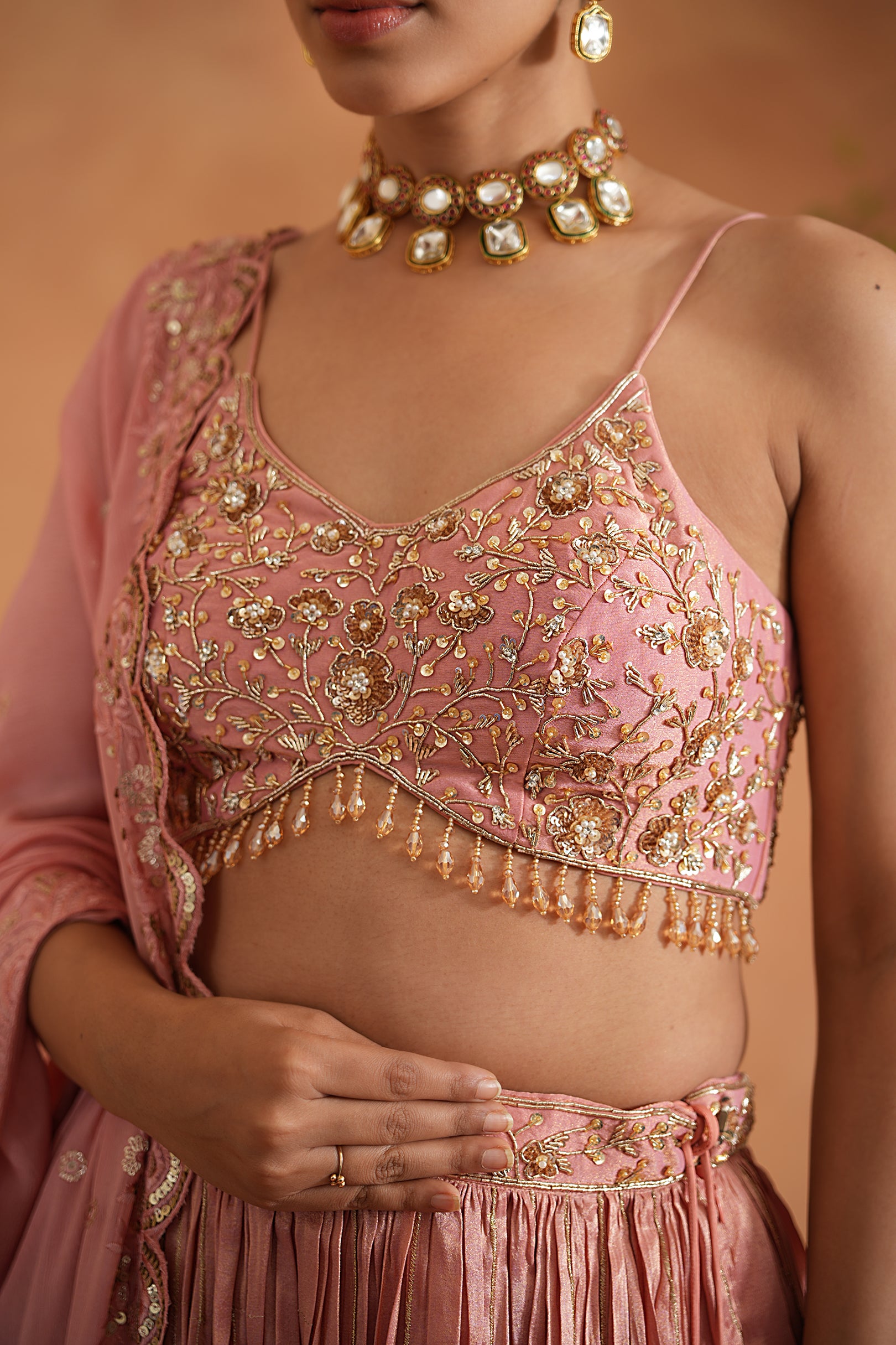 PINK EMBROIDERED BLOUSE, LEHENGA AND DUPATA