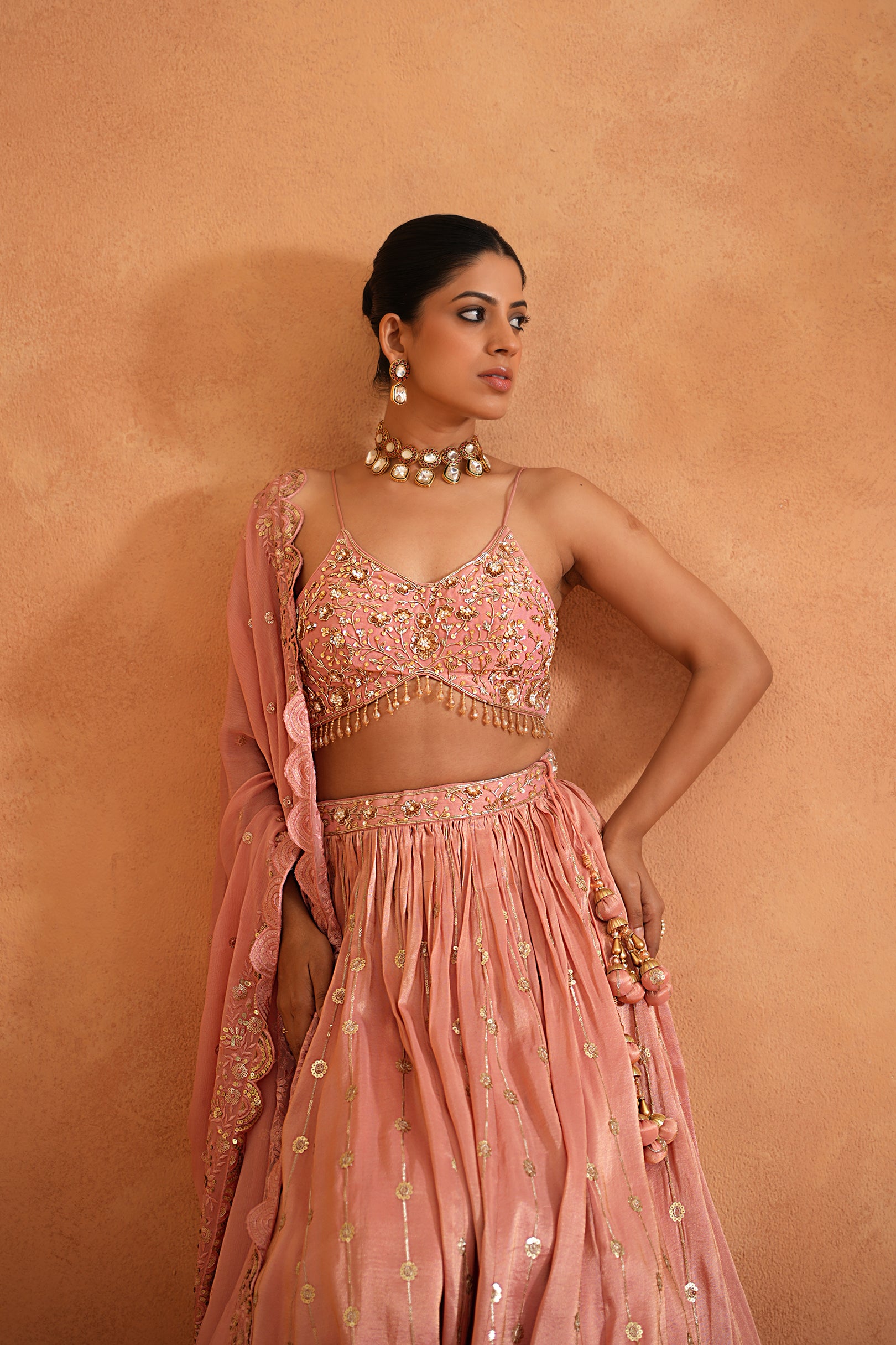 PINK EMBROIDERED BLOUSE, LEHENGA AND DUPATA