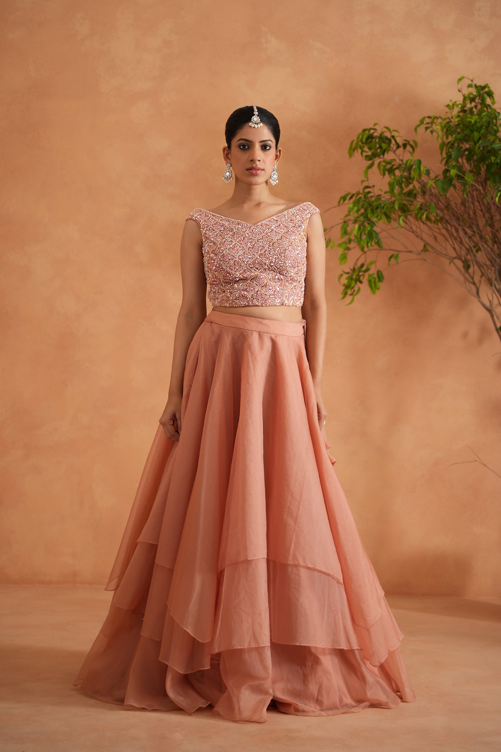 PEACH EMBROIDERED BLOUSE, LEHENGA AND DUPATTA