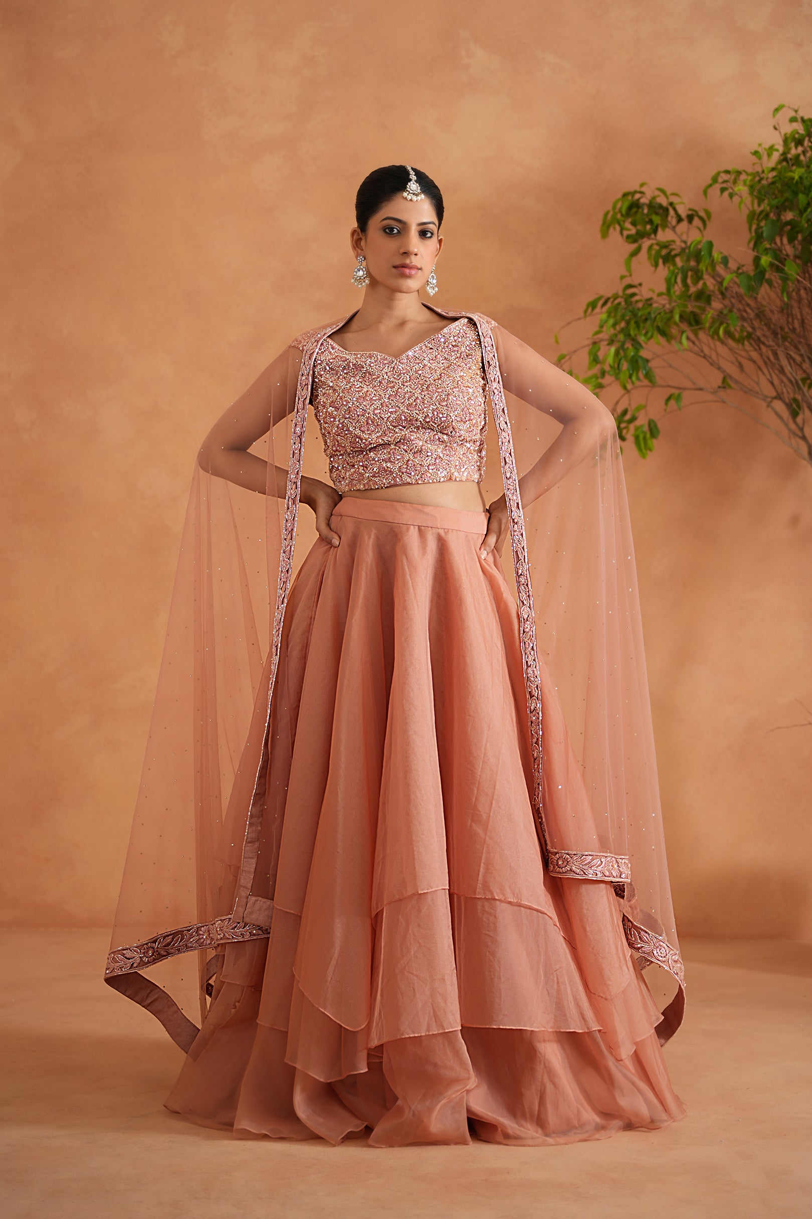 PEACH EMBROIDERED BLOUSE, LEHENGA AND DUPATTA