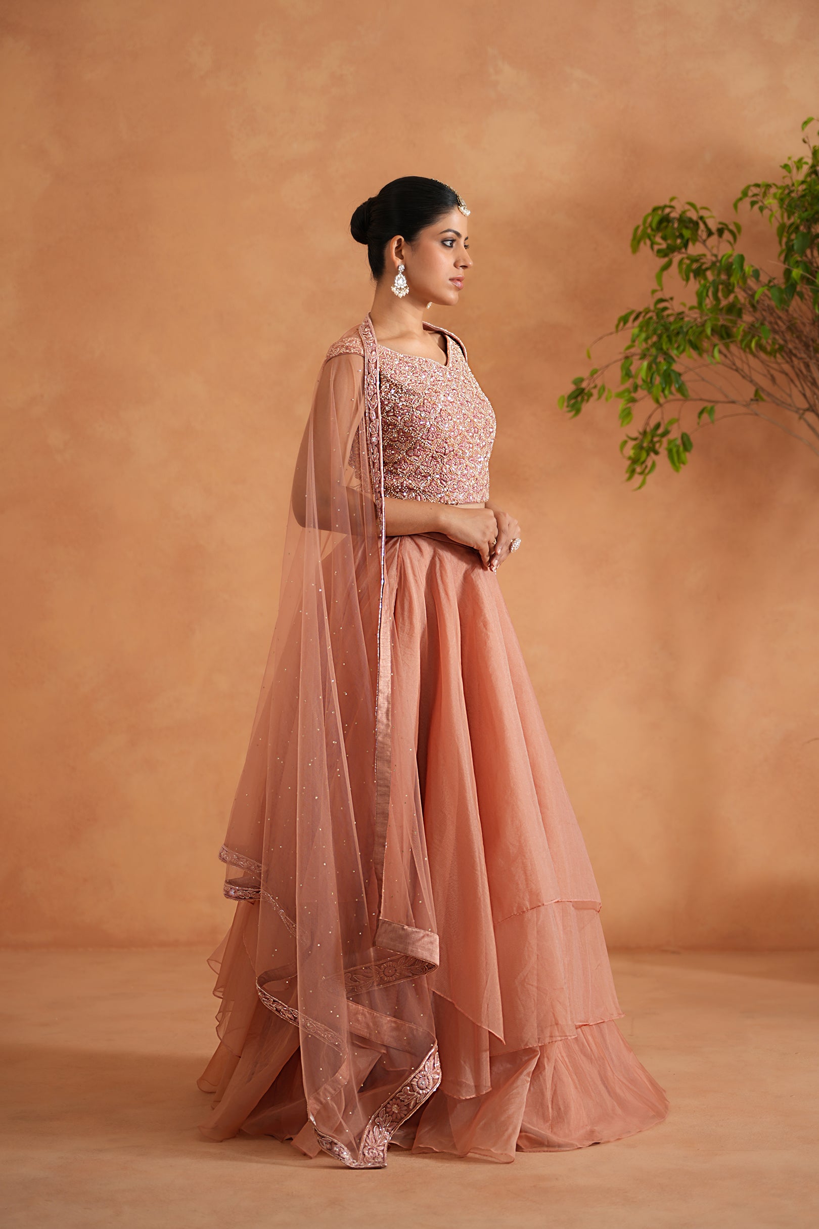 PEACH EMBROIDERED BLOUSE, LEHENGA AND DUPATTA