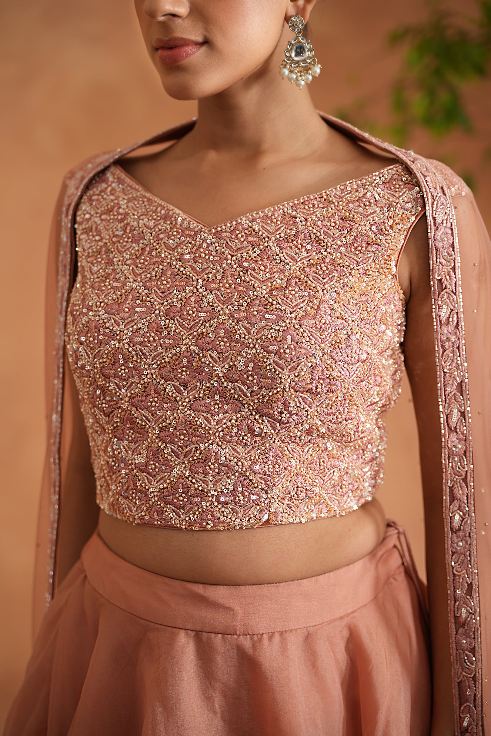 PEACH EMBROIDERED BLOUSE, LEHENGA AND DUPATTA