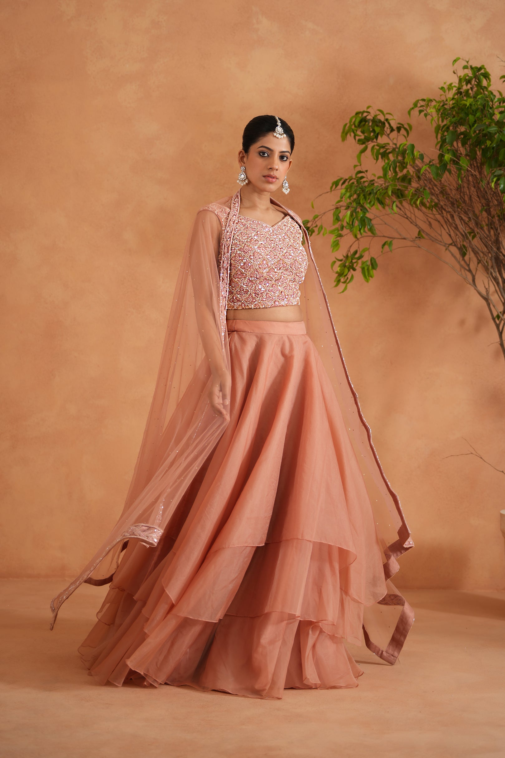 PEACH EMBROIDERED BLOUSE, LEHENGA AND DUPATTA