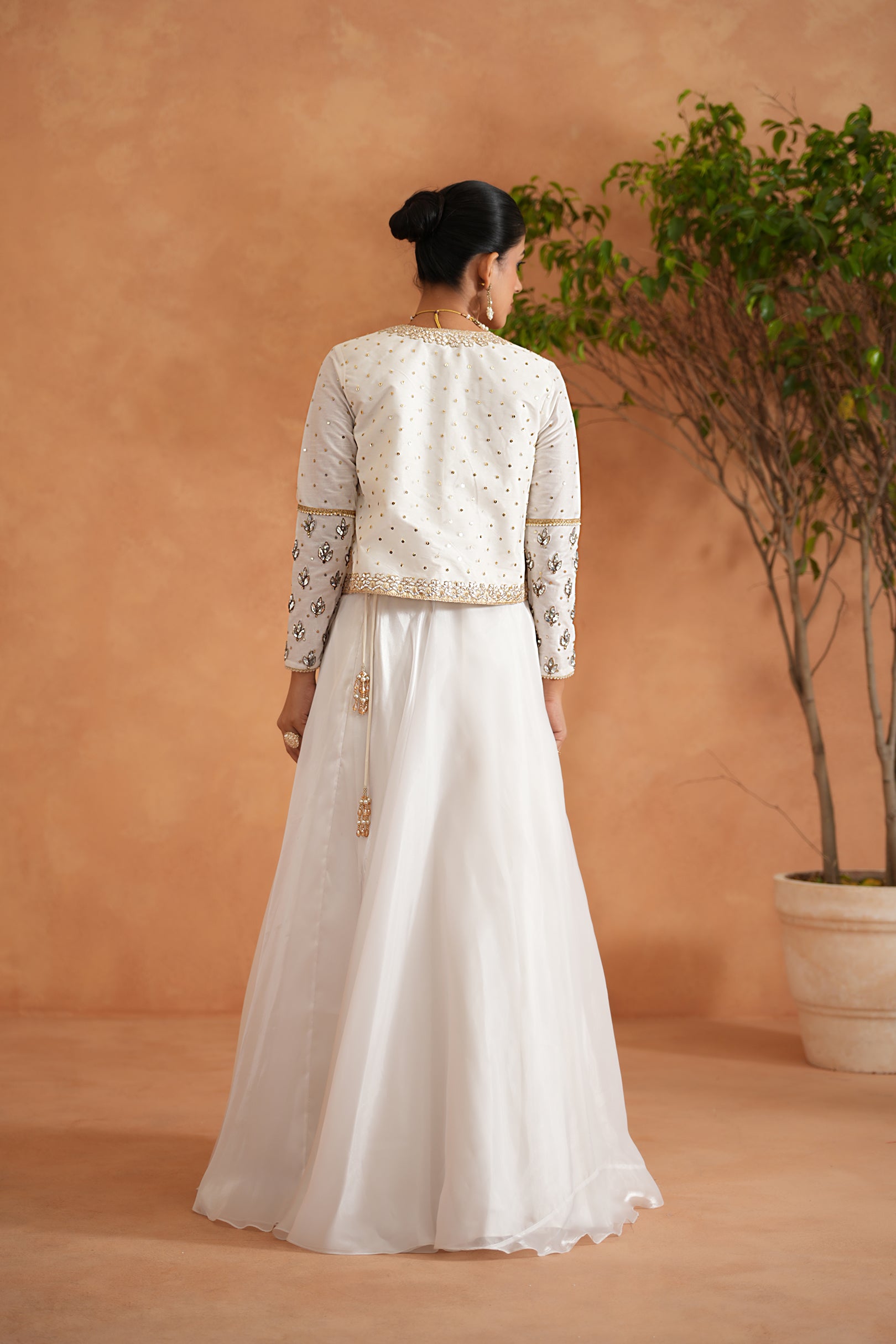 IVORY EMBROIDERED BUSTIER, LEHENGA AND SHORT JACKET
