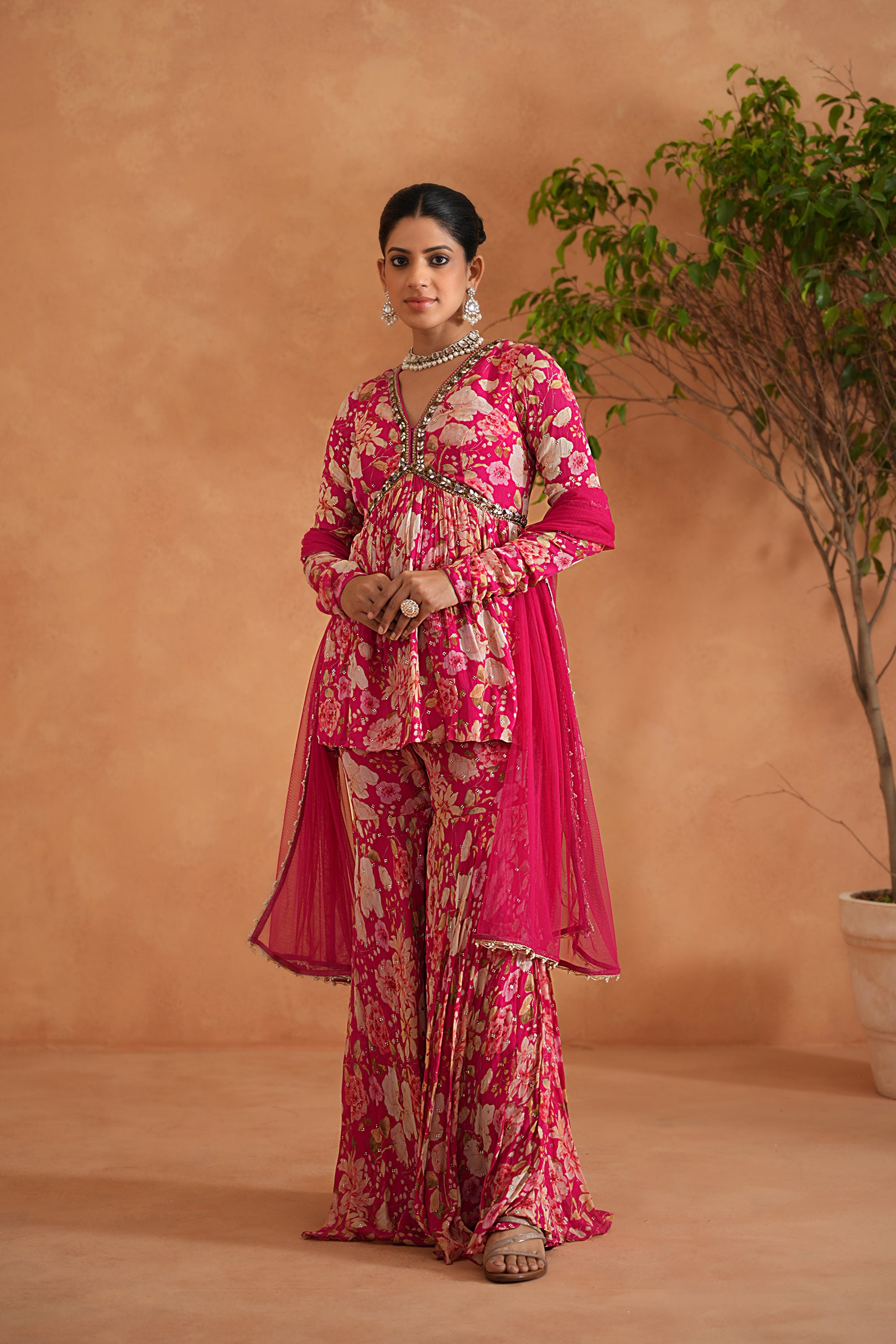 FUCHSIA EMBROIDERED PEPLUM KURTI, GHARARA AND DUPATTA